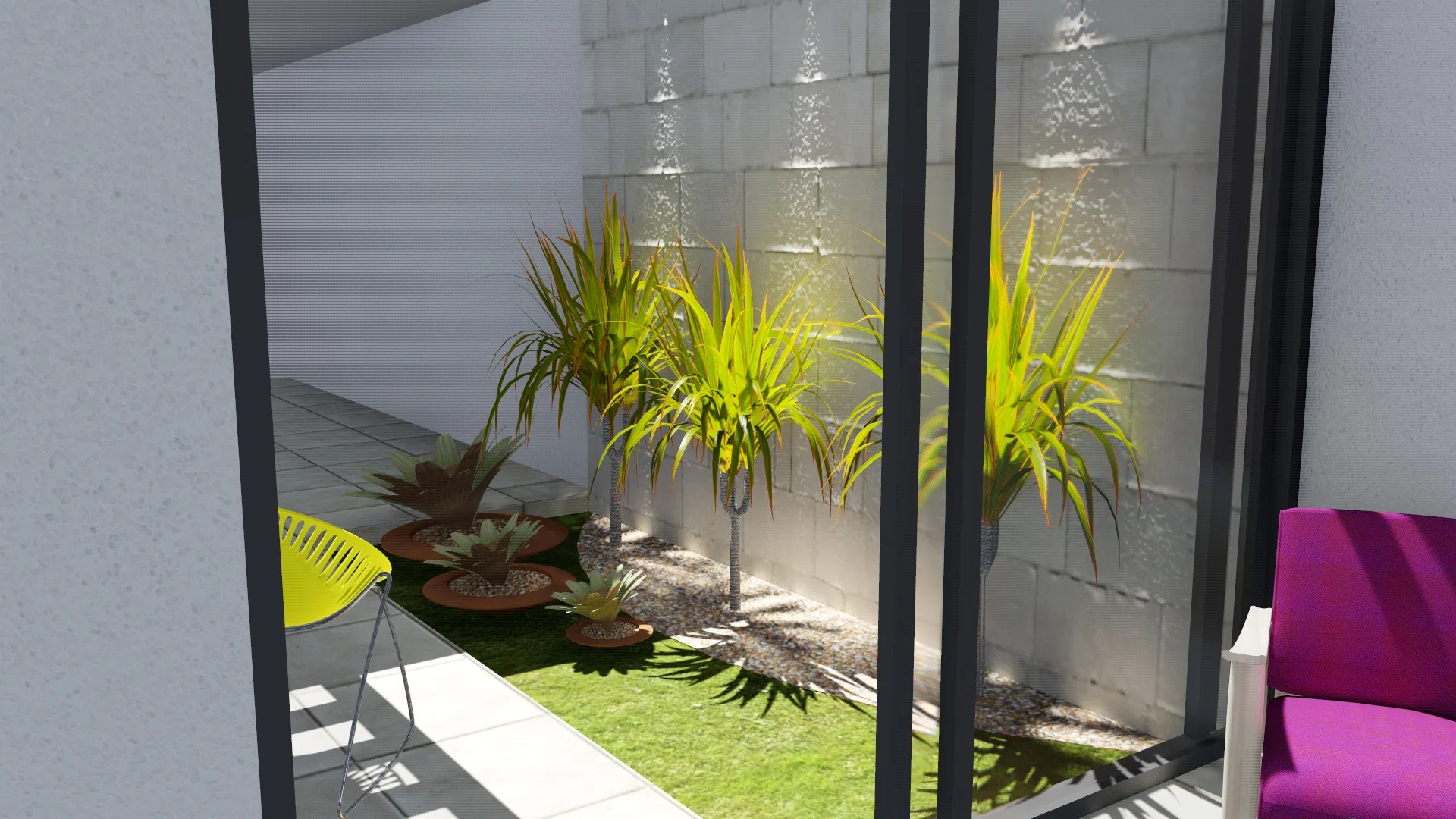 Jardim de inverno com parede d'água sobre bloco aparente, dracenas e agaves iluminados e poltronas amarela e magenta
