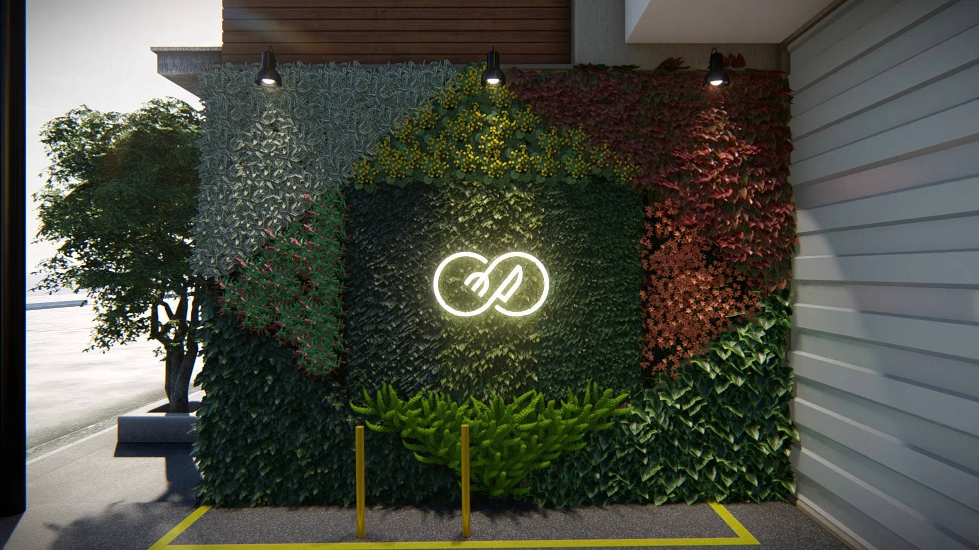 Parede viva à noite com logotipo em neon iluminado ao centro, folhagens em tons verdes, prateados e avermelhados e demarcação amarela no piso.