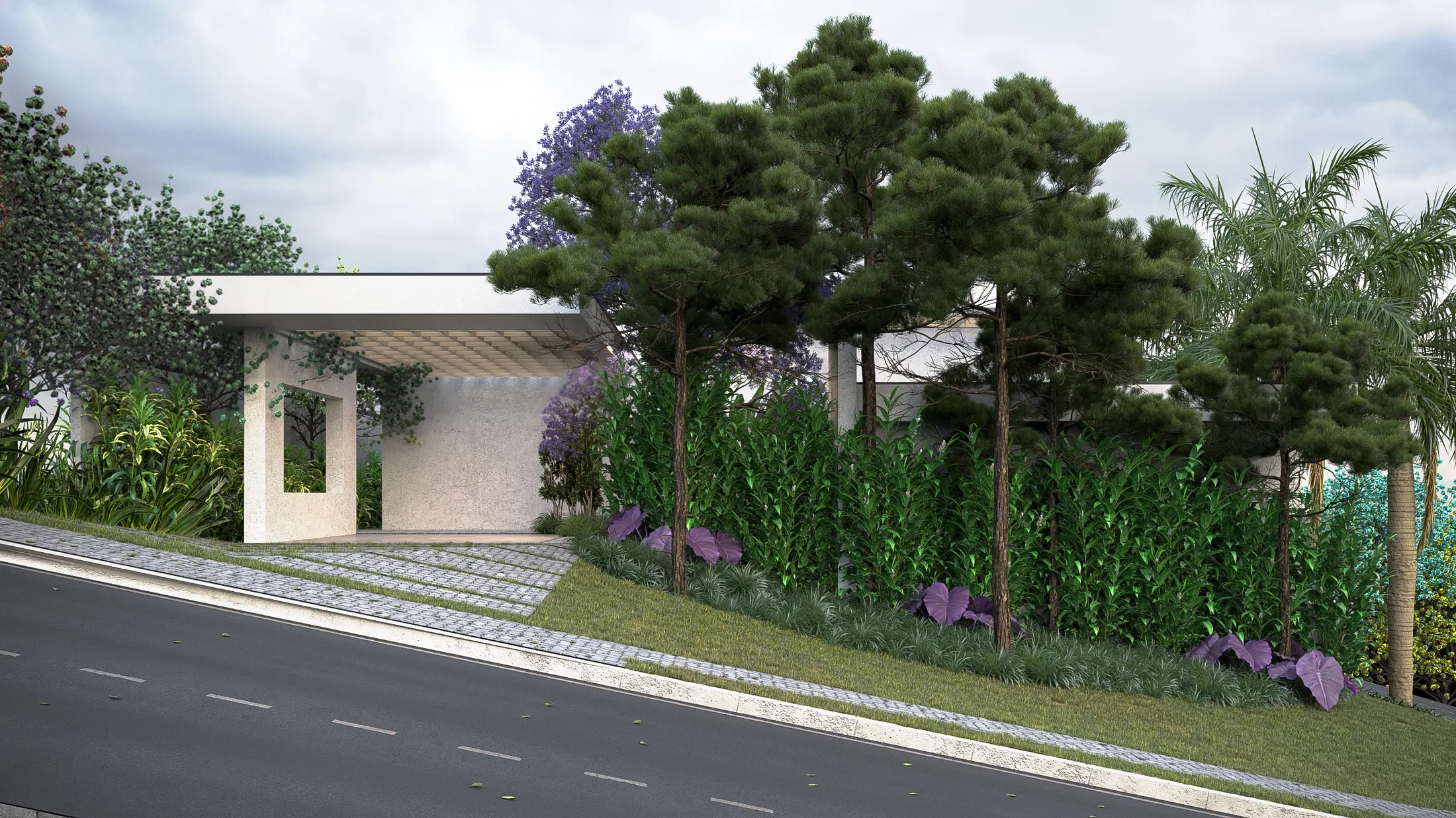 Acesso coberto da residência visto da via, com pórtico de pedra, jacarandá florido, pinheiros e cerca-viva alta ao longo da calçada