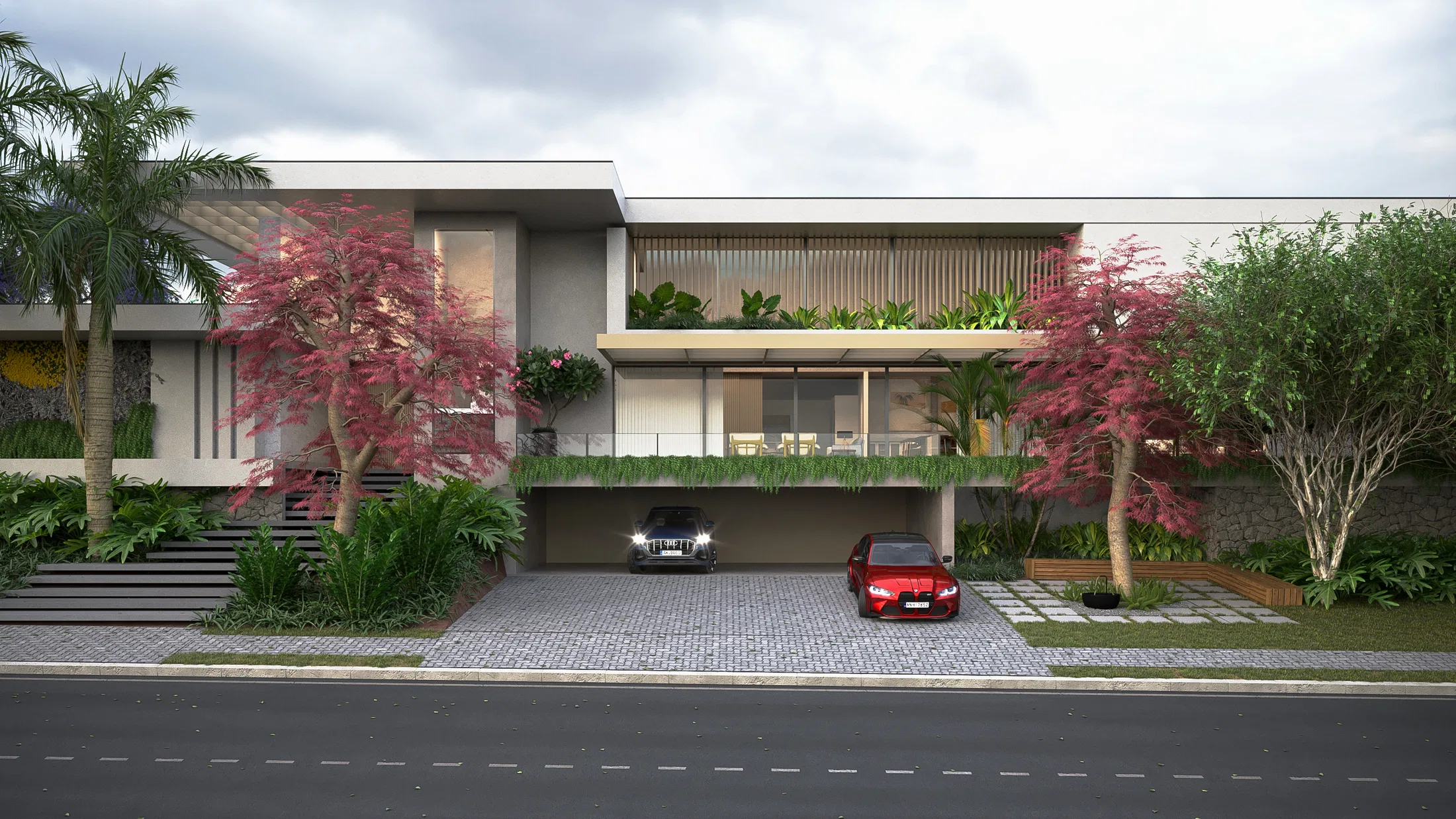 Fachada frontal em dois pavimentos com brise de madeira e garagem coberta abrigando um utilitário e um esportivo vermelho, entre árvores de flores rosadas