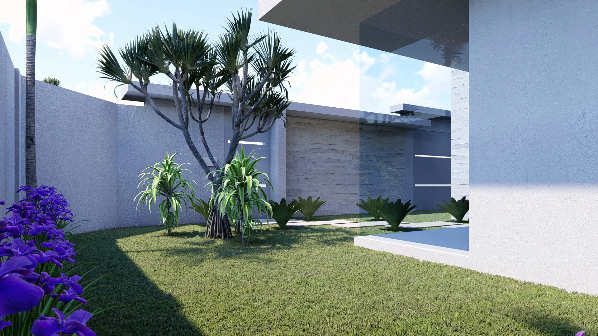 Recanto gramado com árvore de copa escultural e agaves, íris roxas em primeiro plano e vislumbre da piscina junto ao envidraçamento da casa.