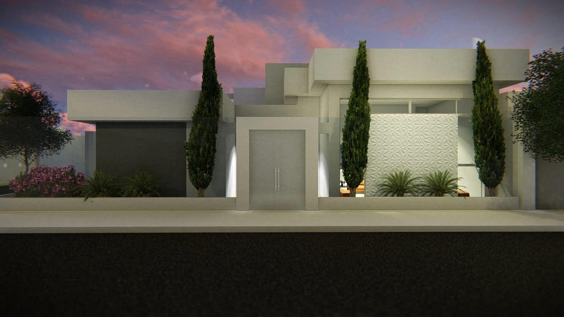 Fachada noturna com porta de entrada emoldurada por painel em relevo geométrico e ciprestes iluminados