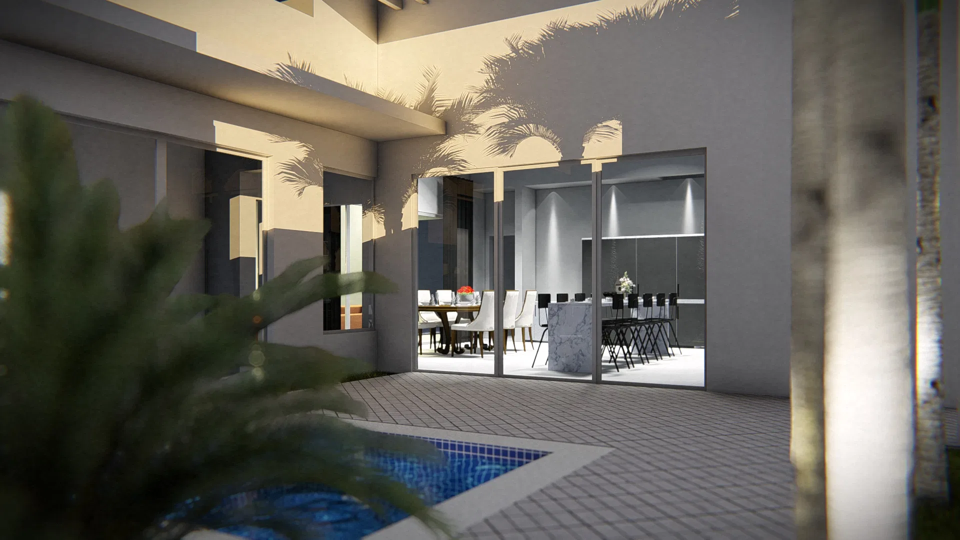 Varanda externa com vista da piscina emoldurada por folhagens tropicais e acesso envidraçado à cozinha