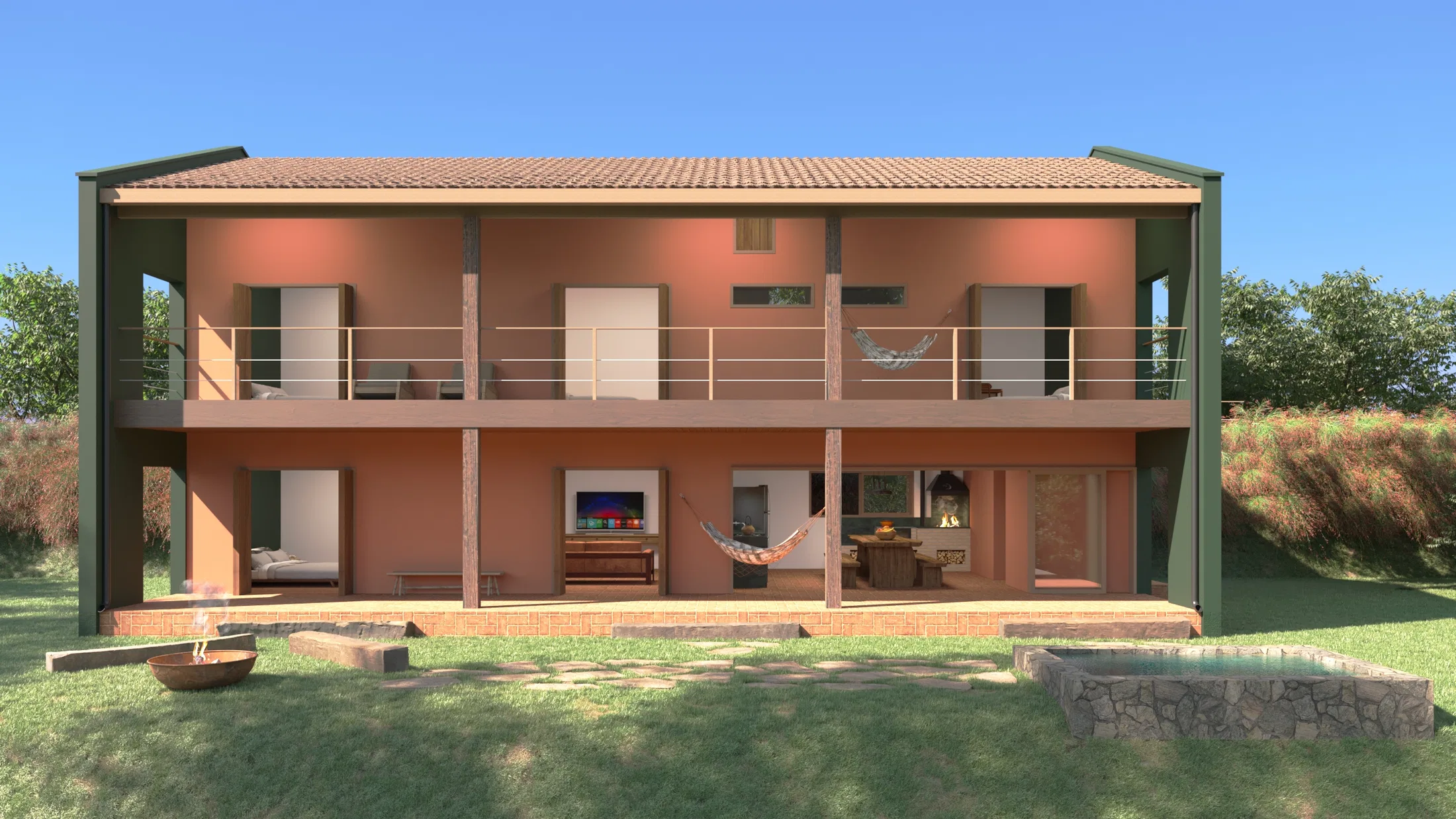 Fachada dos fundos em dois pavimentos, varanda superior com rede e guarda-corpo de cabo, deck e espelho d'água