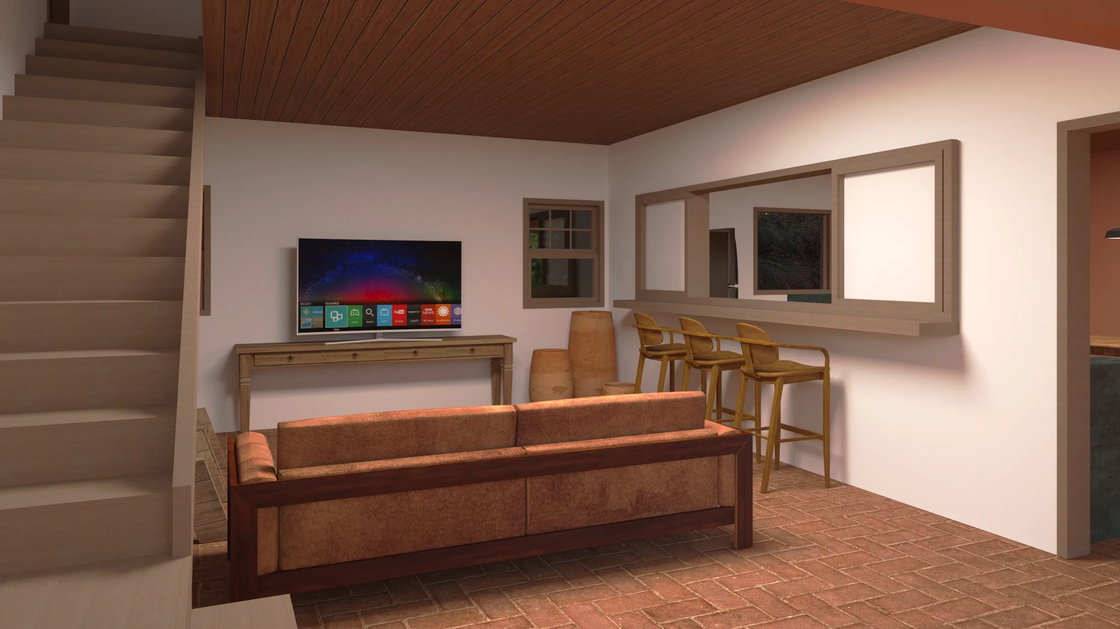 Sala de estar interna com sofá estofado, escada de madeira, TV de parede e bar com banquetas