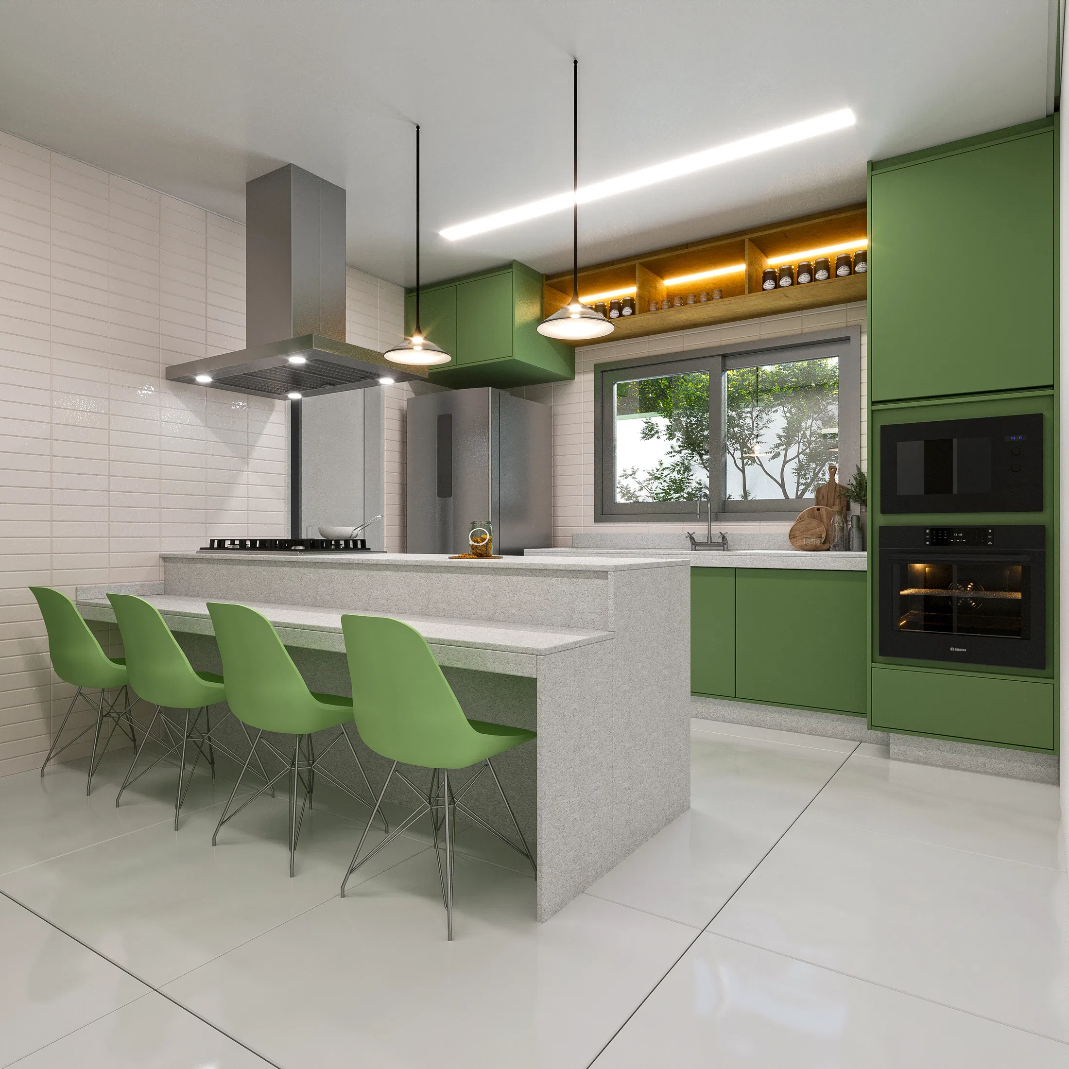 Cozinha aberta com ilha central em concreto, banquetas verdes, coifa em inox e armários superiores verde-escuro