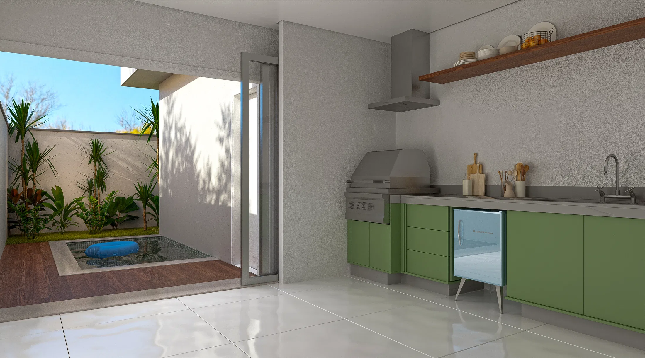 Área gourmet externa com armários verde-oliva, churrasqueira embutida e jardim vertical junto a porta de vidro