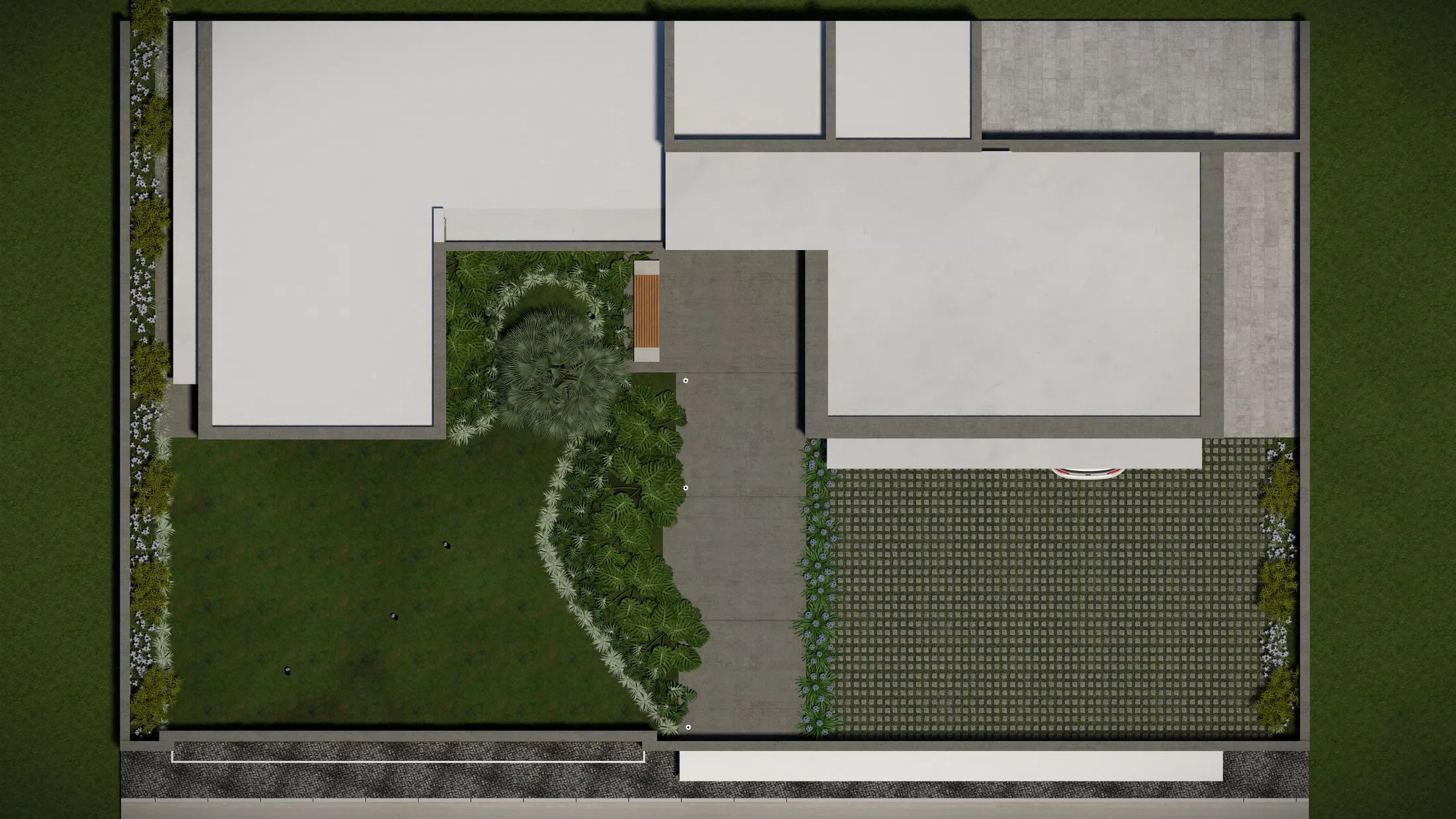 Vista aérea do terreno mostrando a implantação da casa, o acesso pavimentado, faixas de gramado e a distribuição dos jardins.