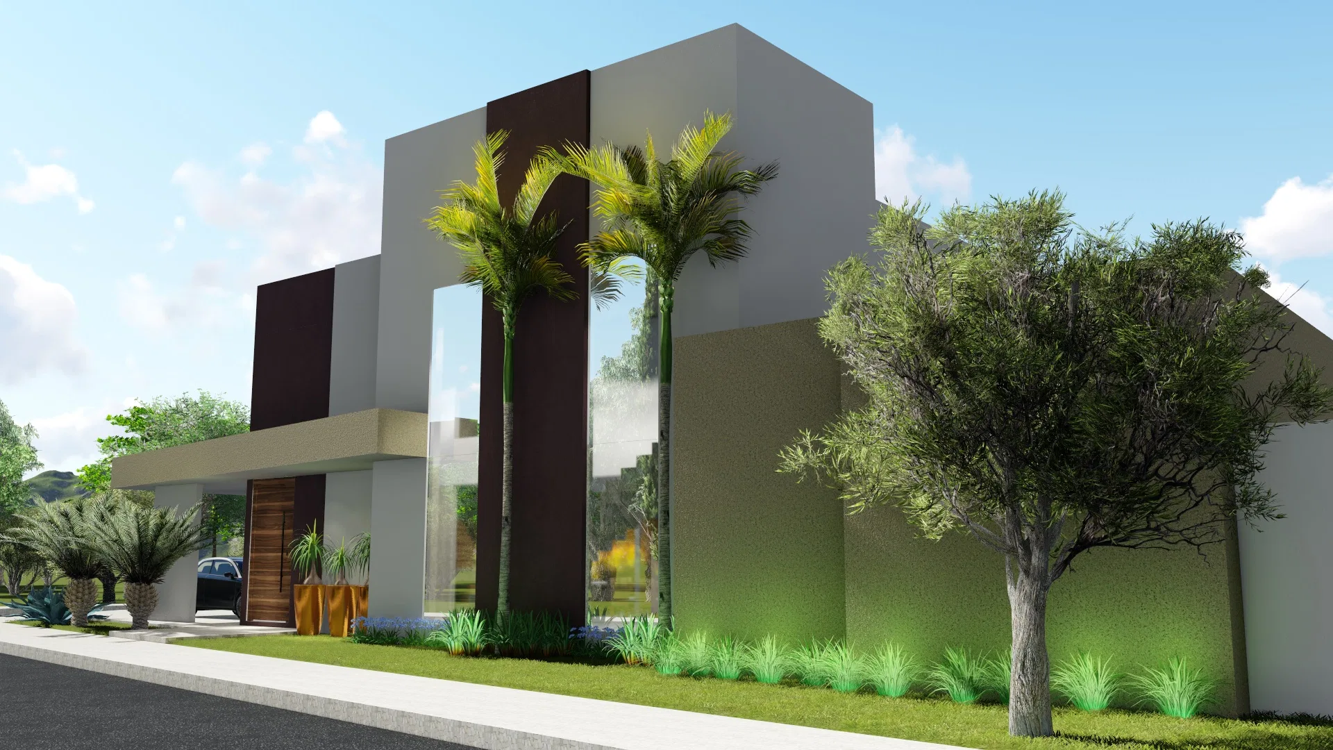 Fachada em volumes brancos com palmeiras esguias emoldurando a entrada envidraçada, porta pivotante de madeira e touceiras de capim ornamental na base