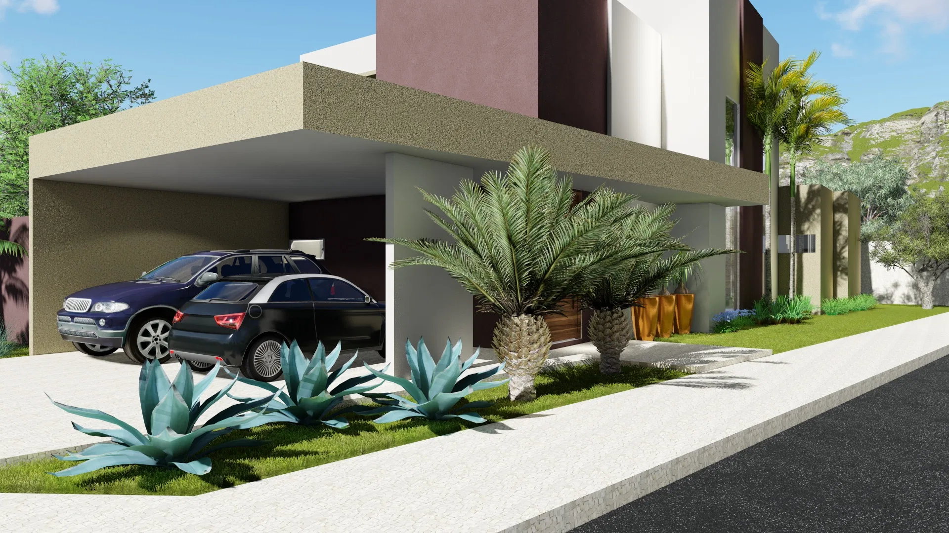 Ângulo lateral da garagem coberta com utilitário escuro, cicas em floreiras e agaves azulados destacados no canteiro rente à calçada