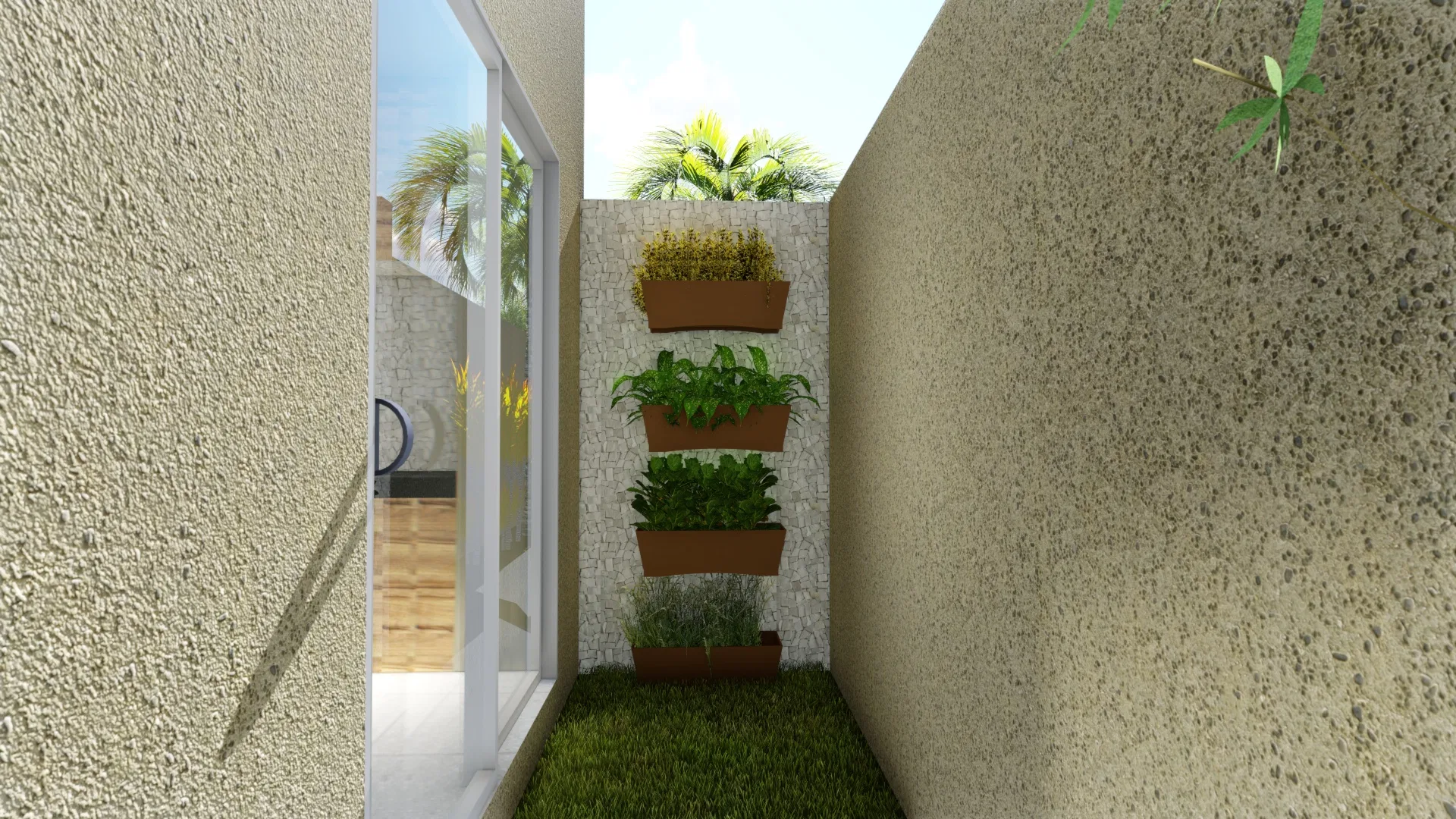 Corredor lateral estreito entre muros texturizados, com floreiras escalonadas de temperos e folhagens na parede, faixa de grama e porta de vidro ao fundo