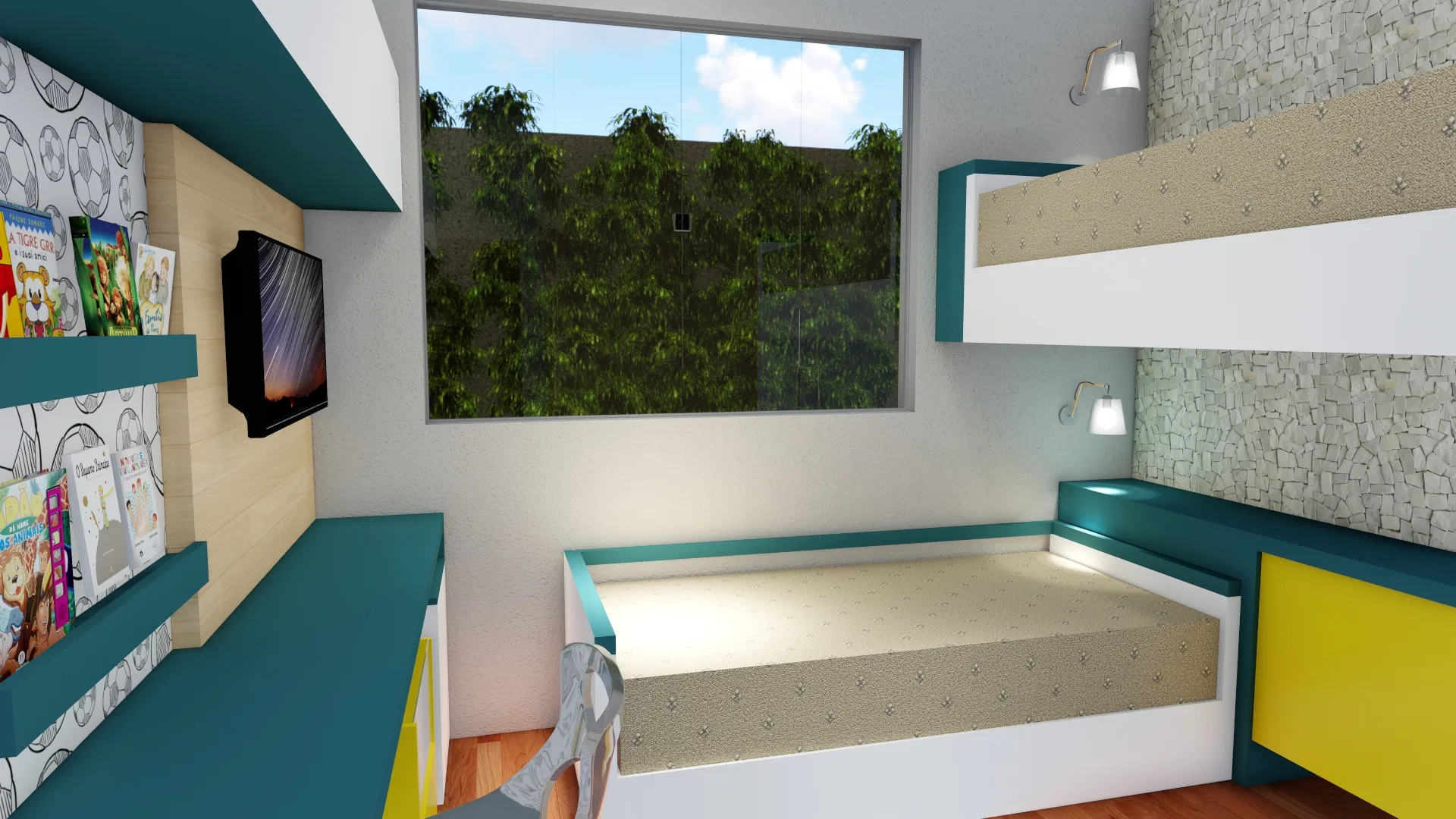 Quarto infantil em turquesa, branco e amarelo, com cama baixa, beliche suspenso, TV na parede e prateleiras de livros, janela voltada a um jardim vertical