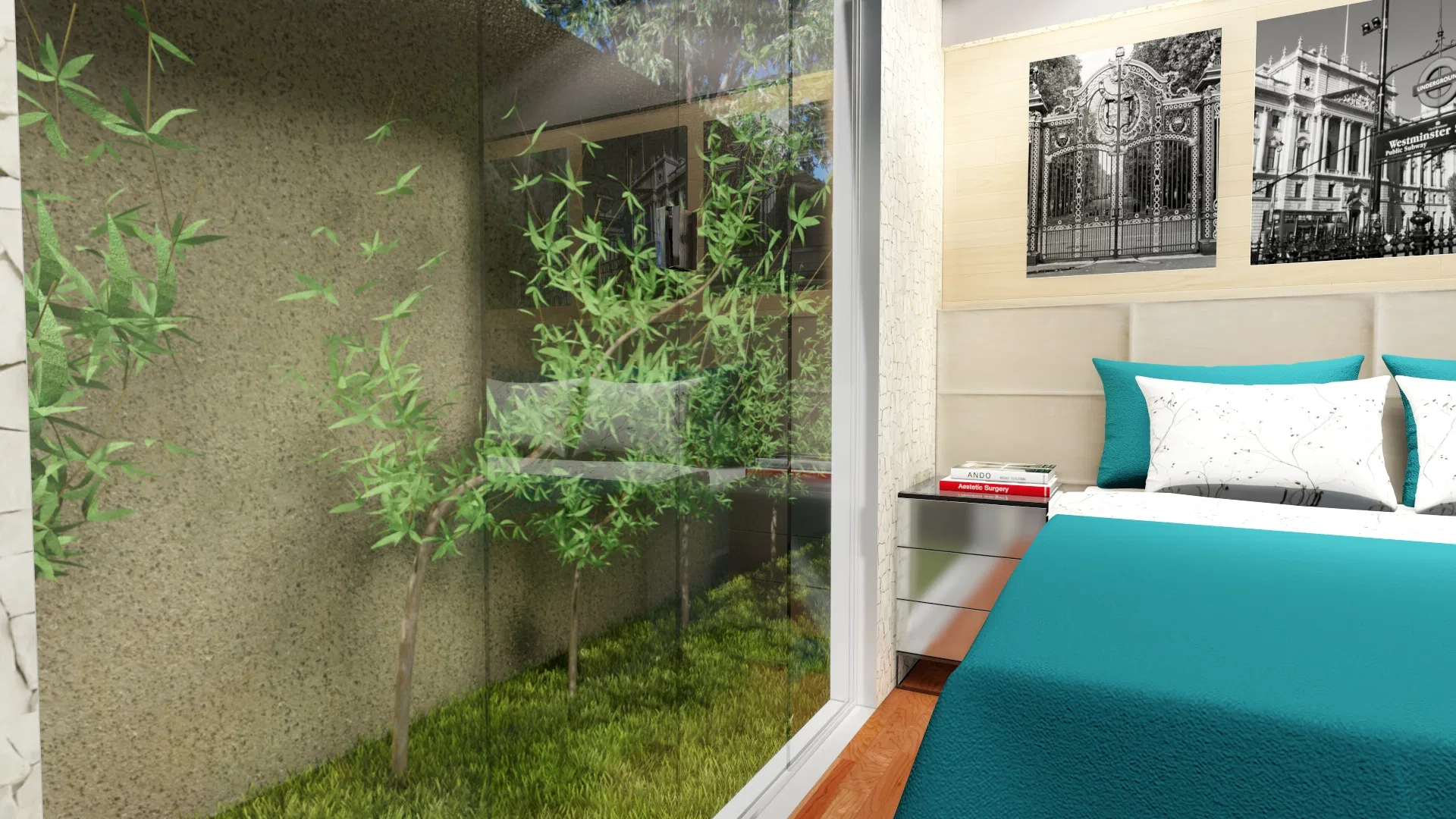Quarto de casal com colcha turquesa e cabeceira sob quadros em preto e branco, vidro amplo revelando um jardim interno gramado com árvores jovens