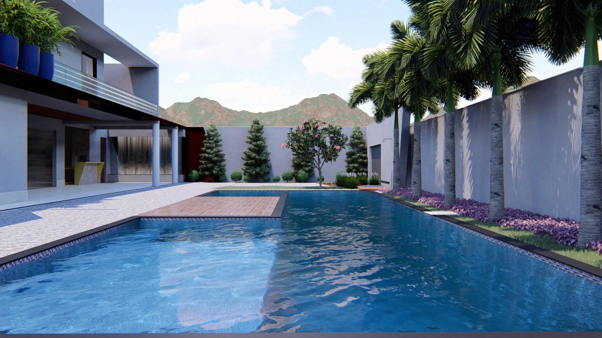 Piscina alongada ao lado da casa térrea, com plataforma de madeira interna, pequena árvore florida e serra ao fundo, além do muro
