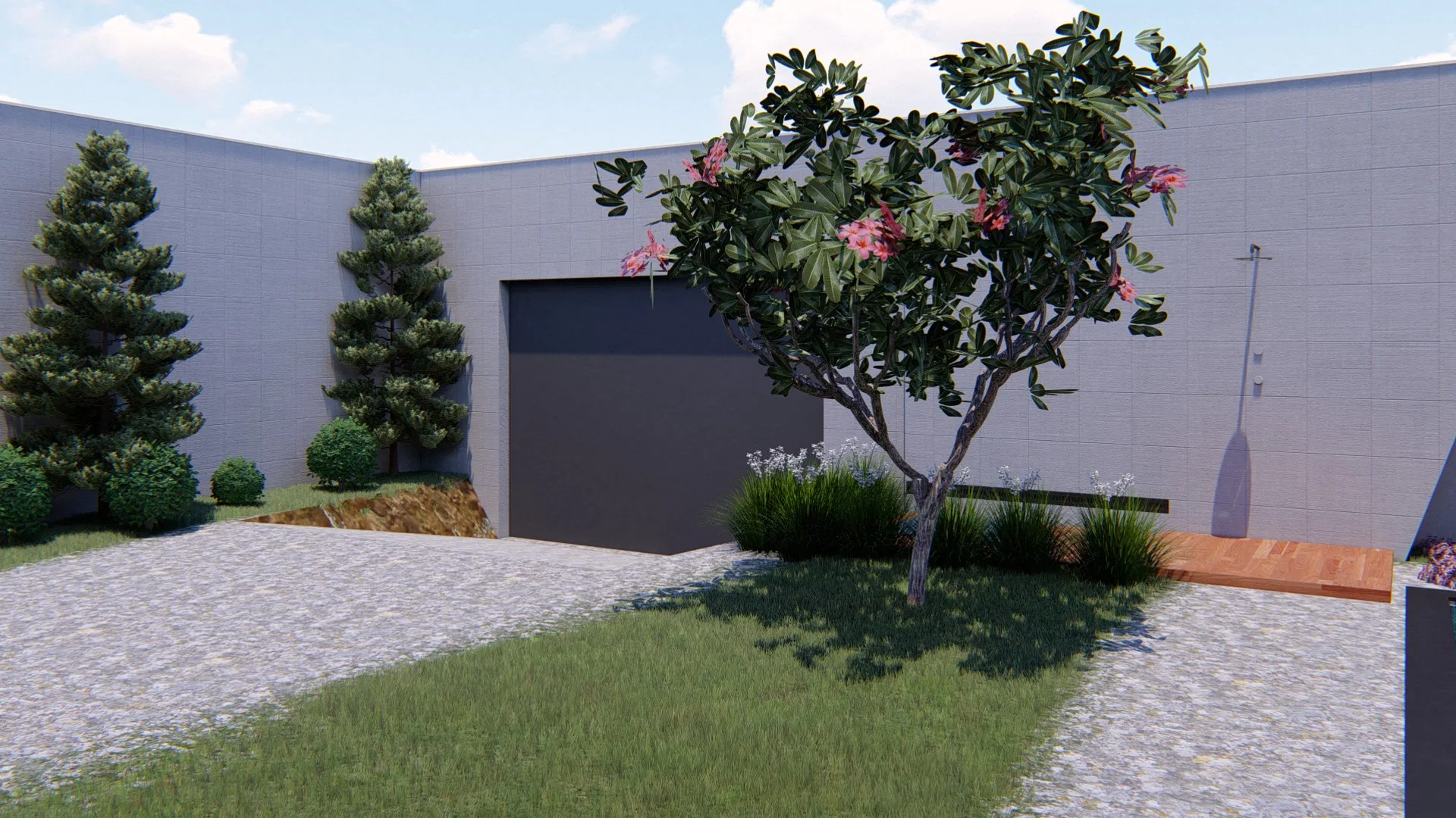 Fachada da garagem em portão escuro, com árvore de flores rosadas e coníferas sobre piso de seixos e faixa gramada