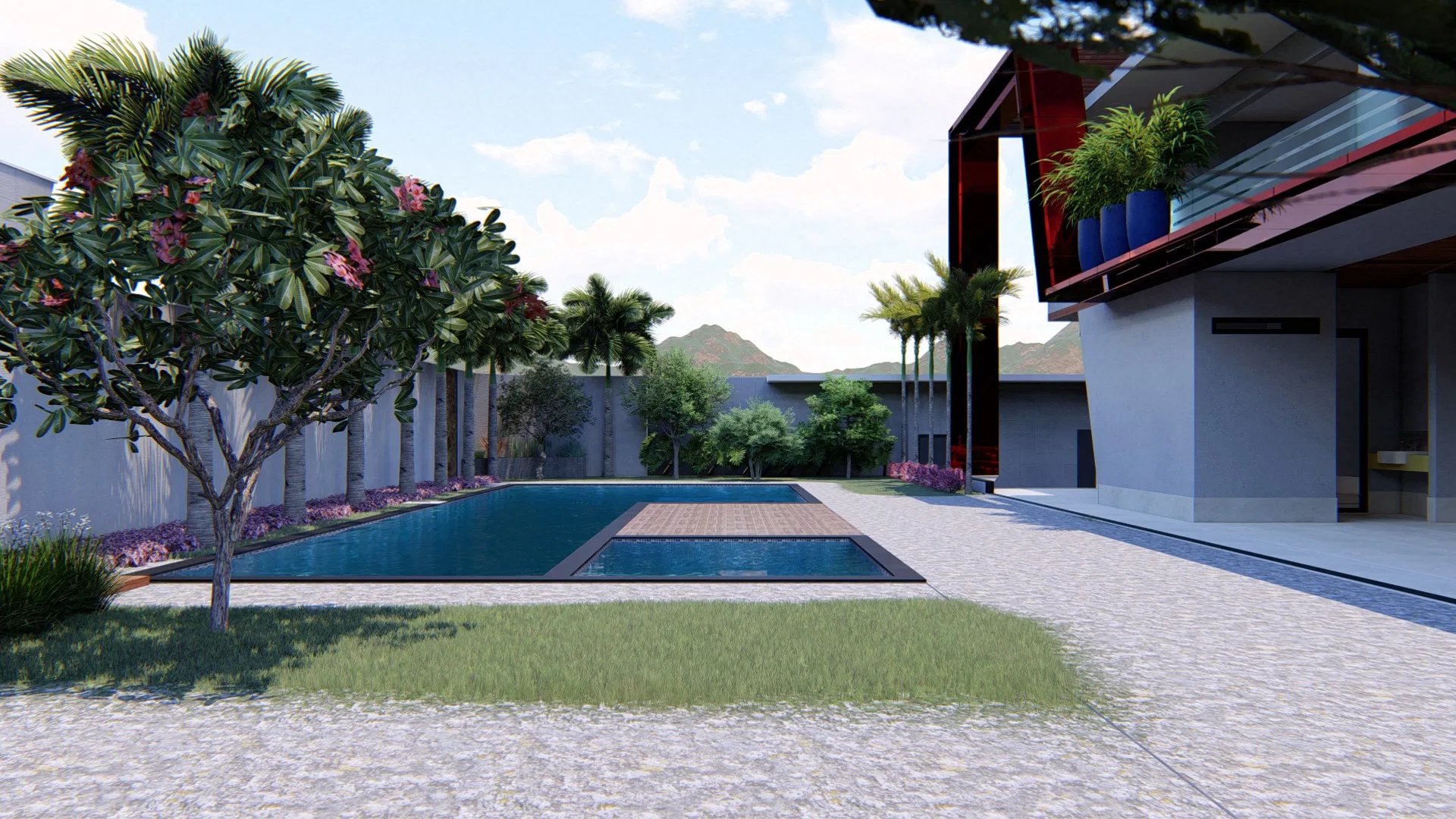 Vista ampla do jardim com a piscina, árvore de flores rosa em primeiro plano e a casa com detalhes escuros e vasos azuis ao lado