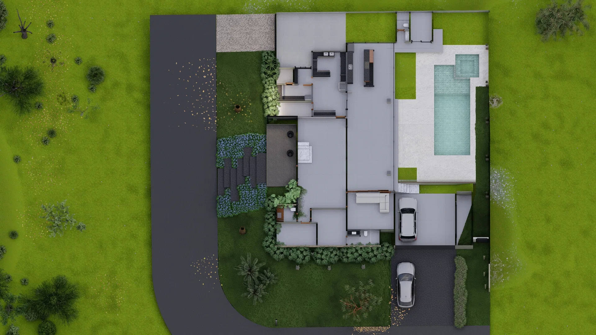 Planta aérea do terreno com a cobertura da casa, piscina e deck, acesso pavimentado com dois carros e jardins gramados no entorno