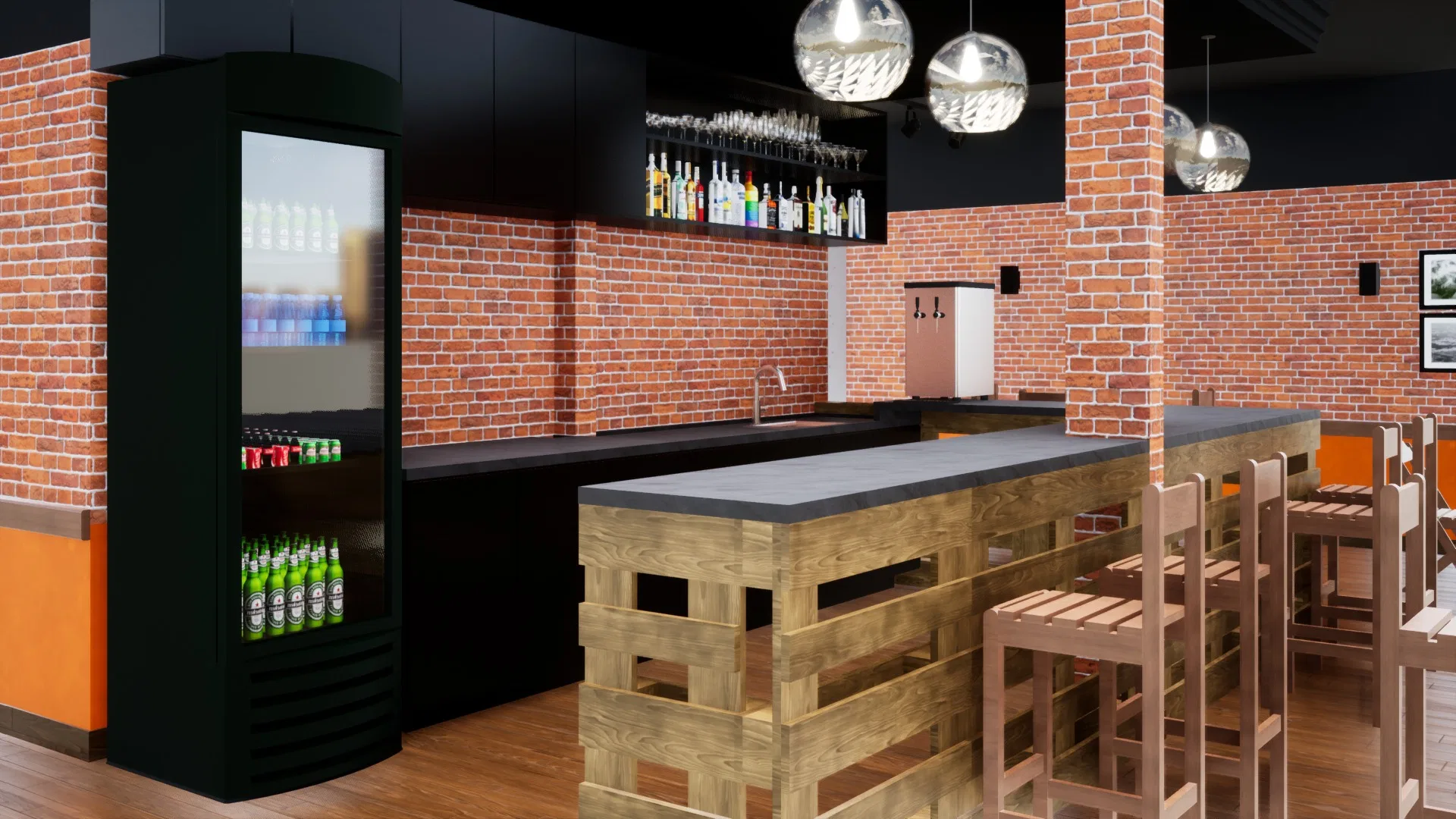 Detalhe do balcão de pallet com tampo de pedra escura, banquetas altas, parede de tijolo, prateleira de garrafas e geladeira expositora de bebidas