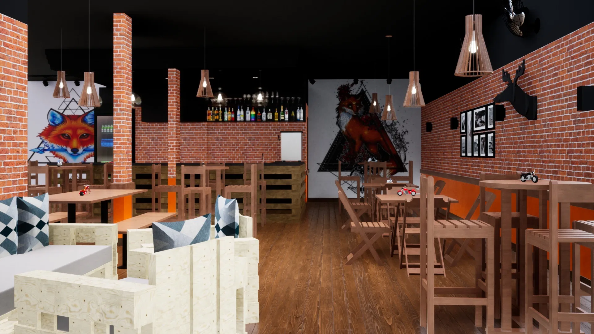 Salão interno de tijolinho aparente e teto preto, mural de raposa, prateleira de bebidas, bancos de OSB com almofadas geométricas e pendentes