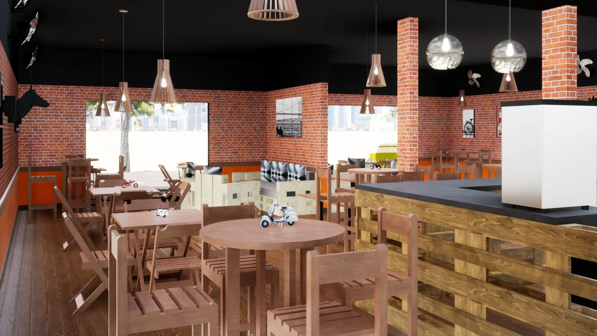 Ambiente interno com balcão de pallet, mesas redondas e quadradas, colunas de tijolo, faixa laranja e miniaturas de lambreta como decoração