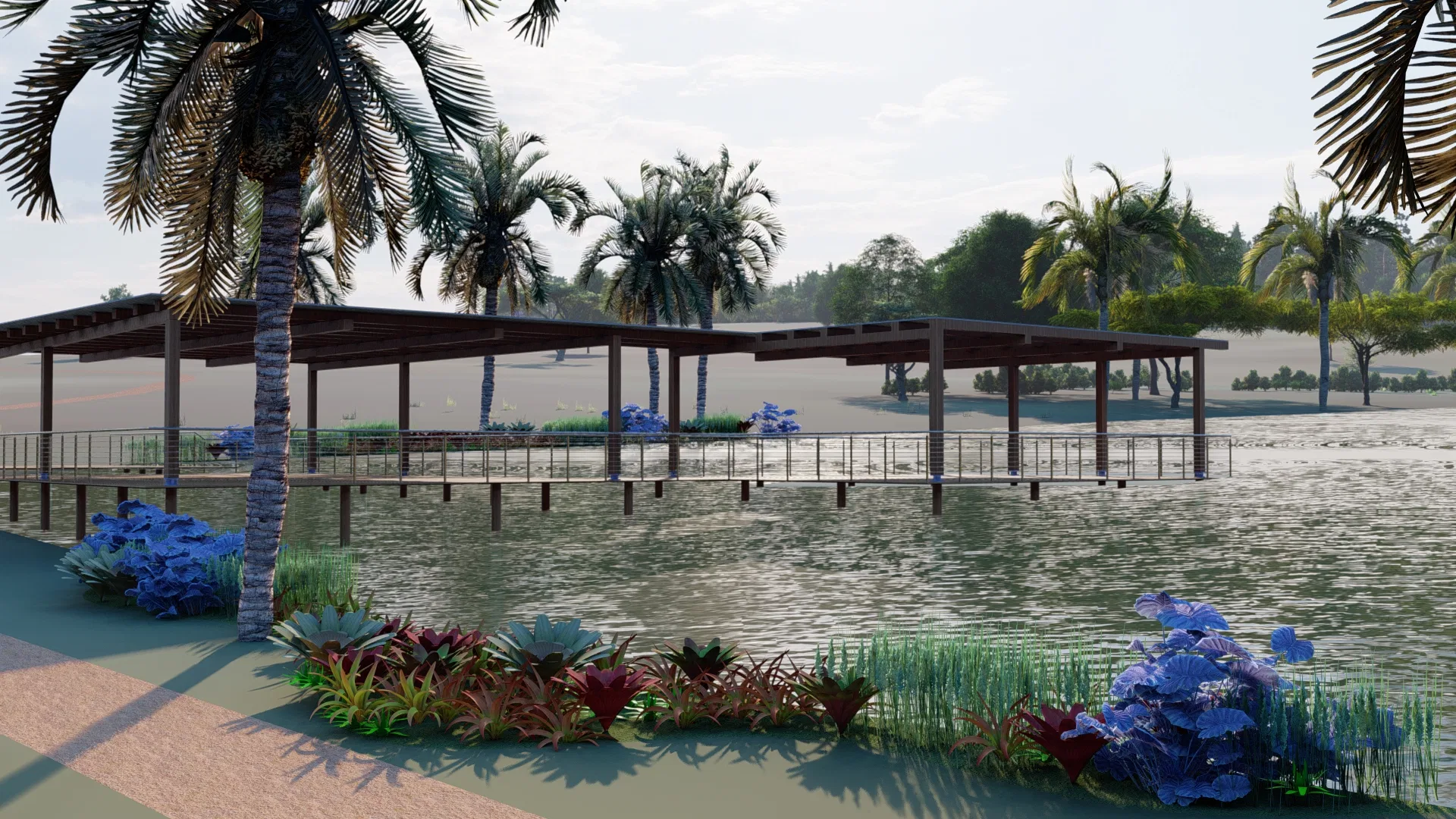 Pérgola de madeira sobre o lago conectada a um deck, com canteiro de folhagens coloridas em primeiro plano e palmeiras ao redor