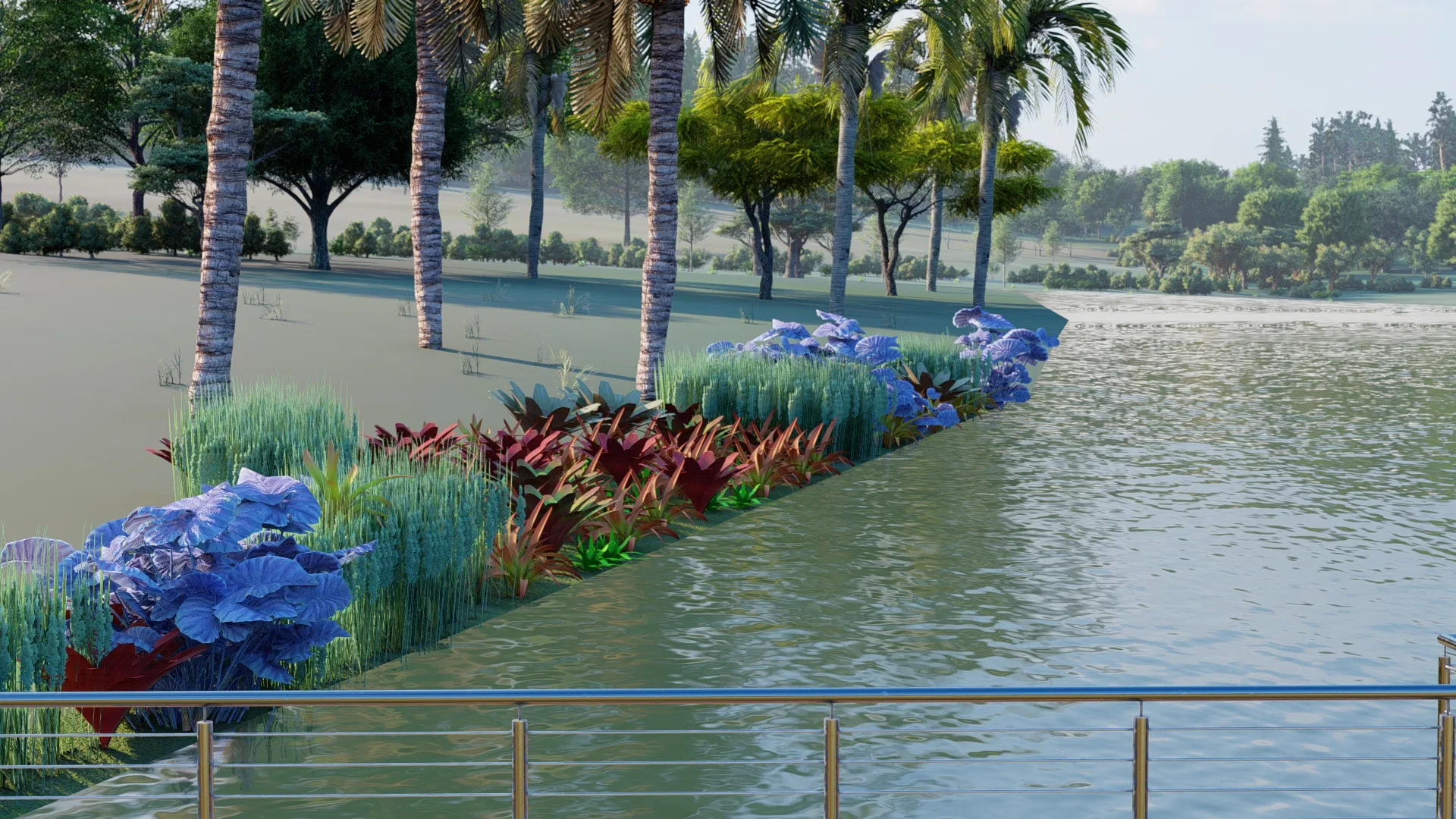 Canteiro de plantas com flores azuis e roxas junto à margem do lago, entre palmeiras, visto a partir de um deck com guarda-corpo