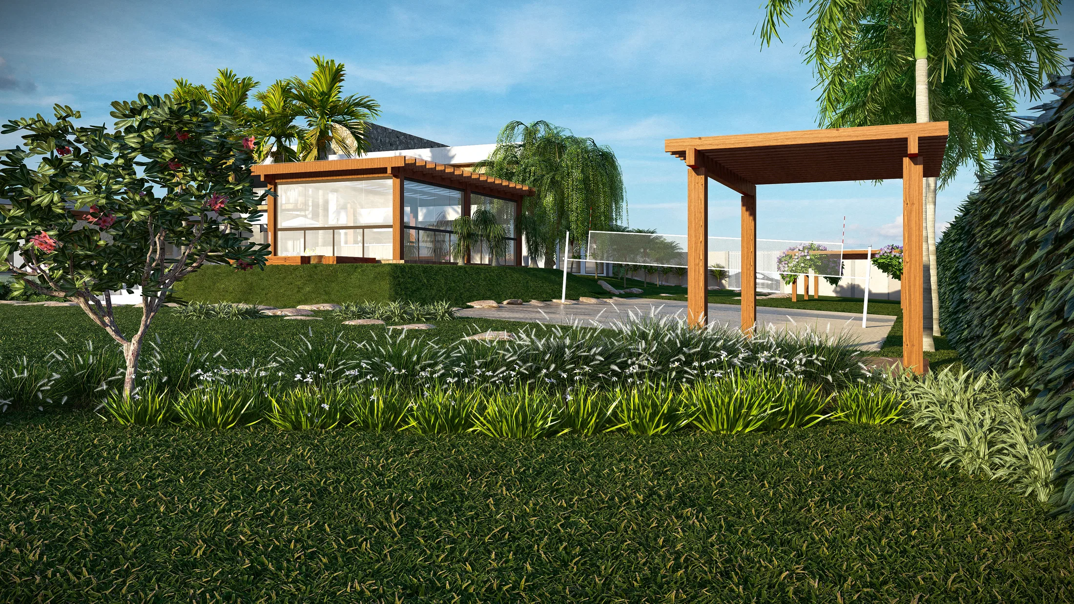 Vista da quadra esportiva emoldurada por salgueiro-chorão e palmeiras, com pérgola de madeira e jardim florido em primeiro plano