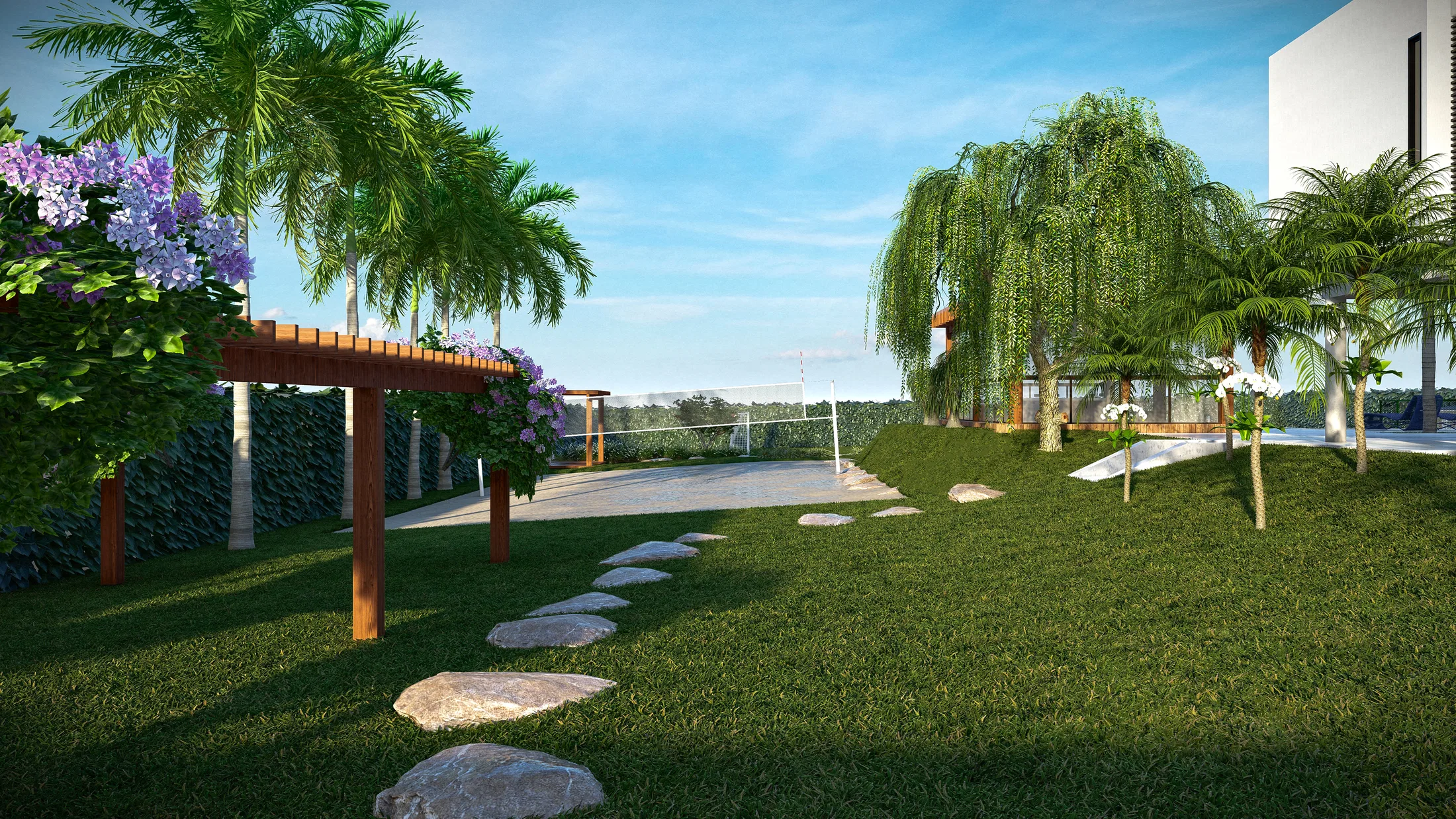 Pérgola de madeira com flores lilás ao lado de quadra esportiva gramada, salgueiro-chorão e palmeiras ao fundo