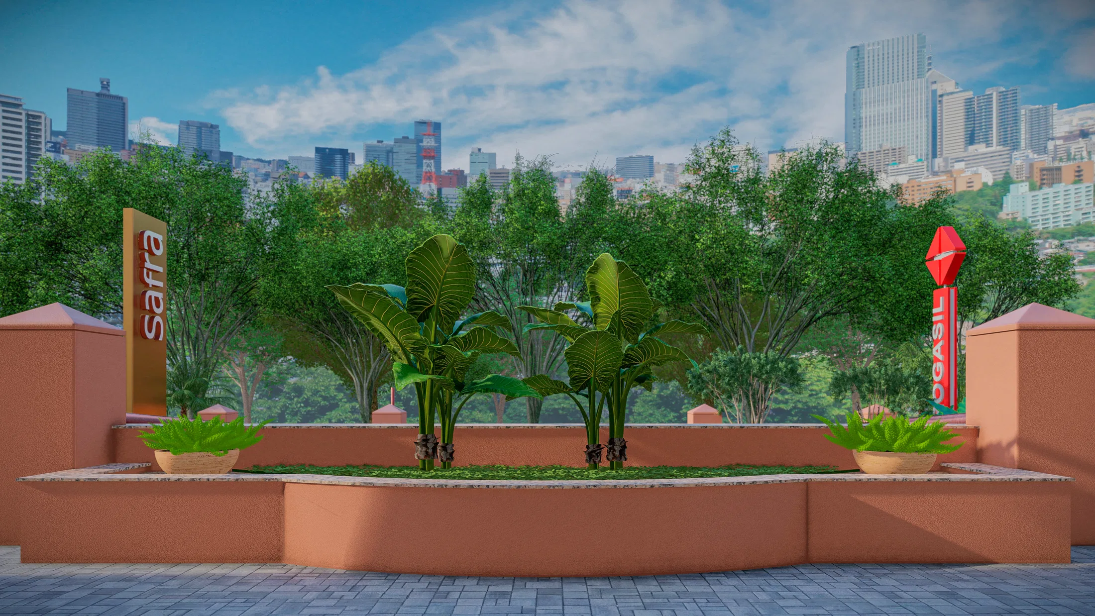 Jardineira alongada com folhas grandes tipo bananeira, ladeada por vasos e totens de sinalização, com skyline urbano ao fundo