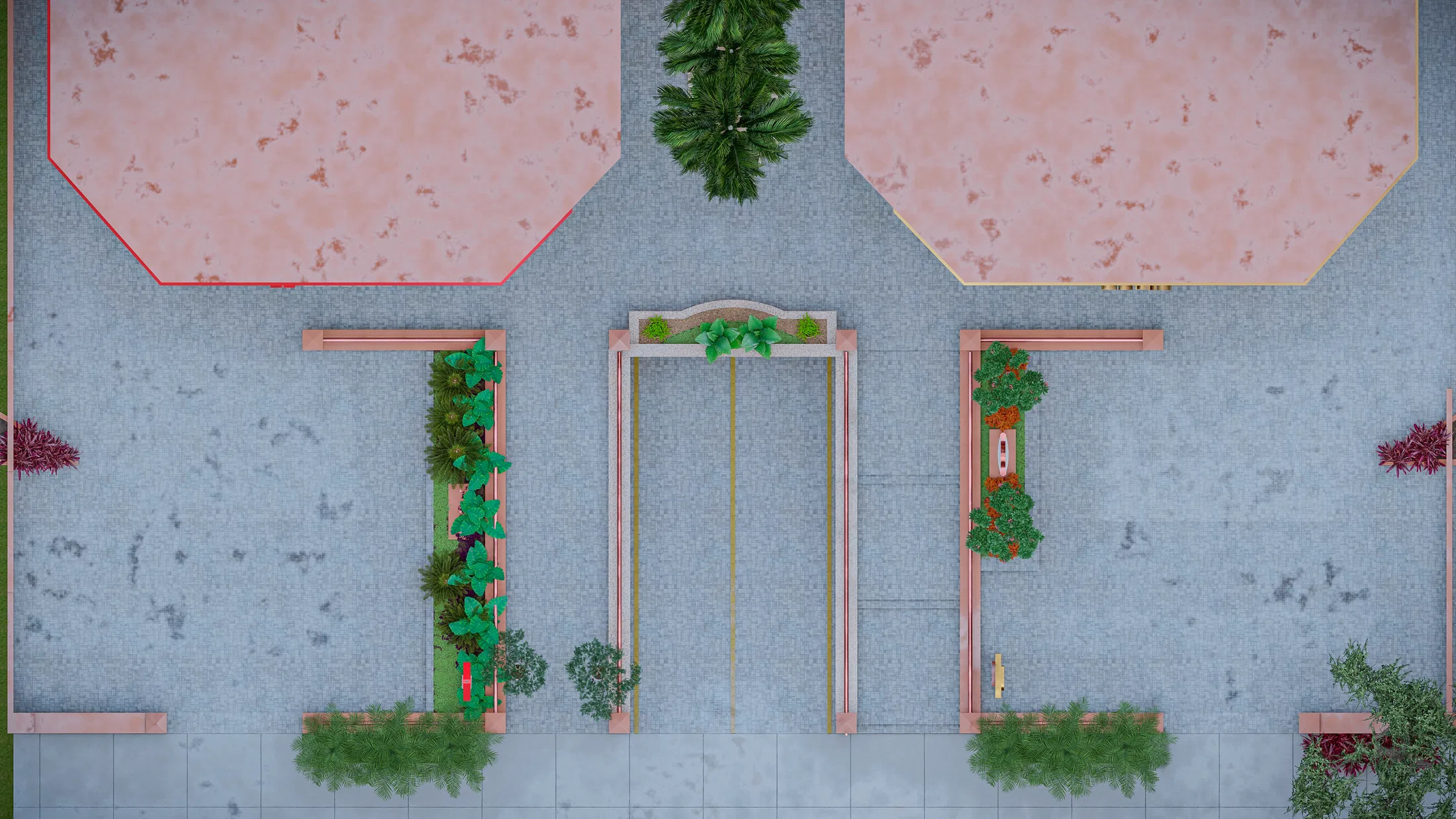 Vista aérea de jardineiras alongadas com folhagens junto ao acesso central em piso decorado