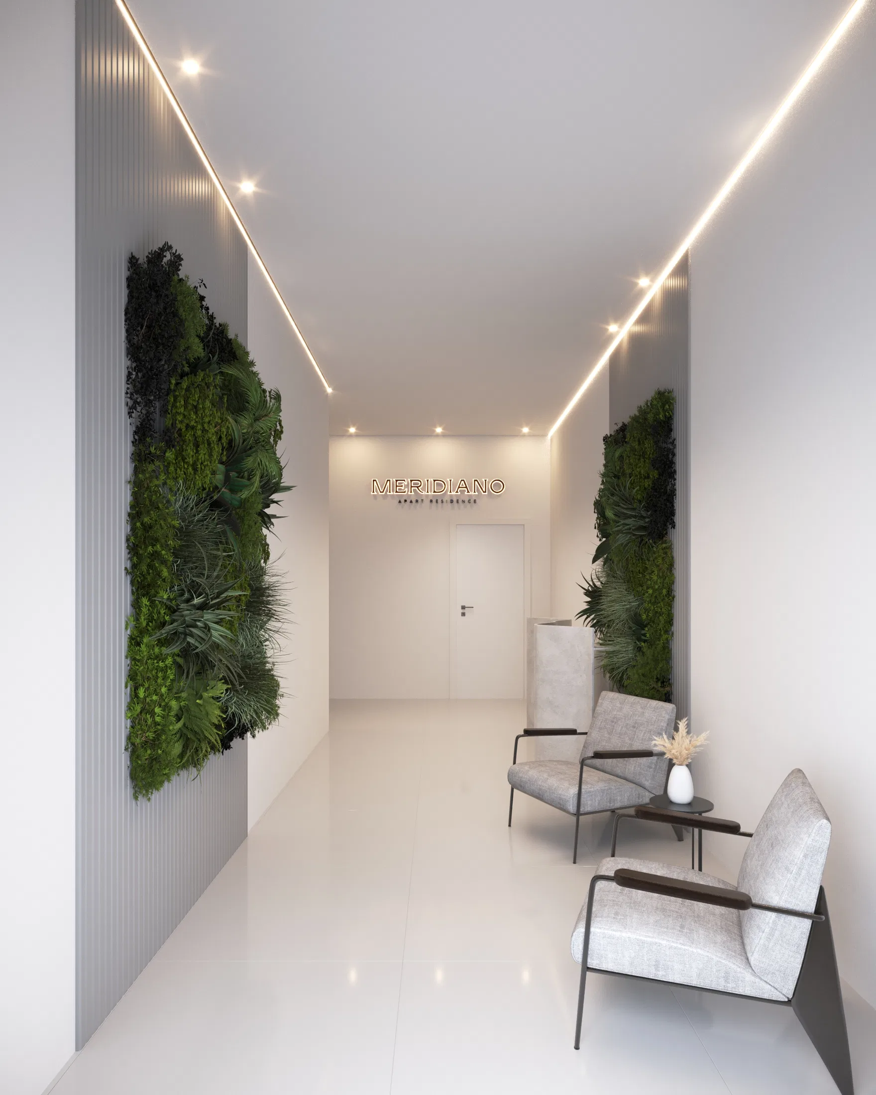 Hall de entrada claro com dois jardins verticais de musgo preservado, poltronas cinza e iluminação linear no forro