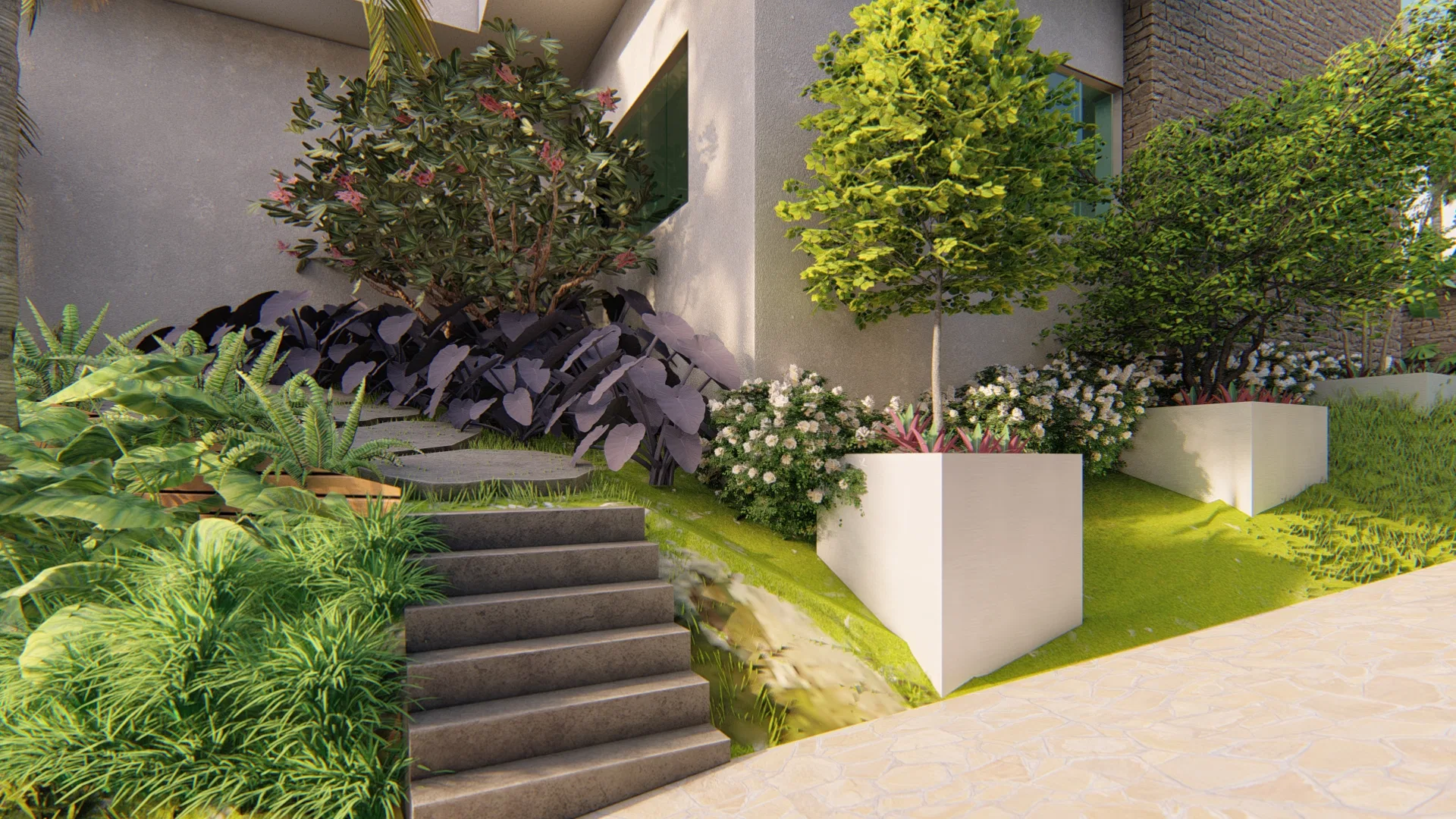 Escadaria de concreto ladeada por plantas de folhagem roxa, samambaias e arbustos floridos de branco, com vasos brancos cúbicos e topiaria