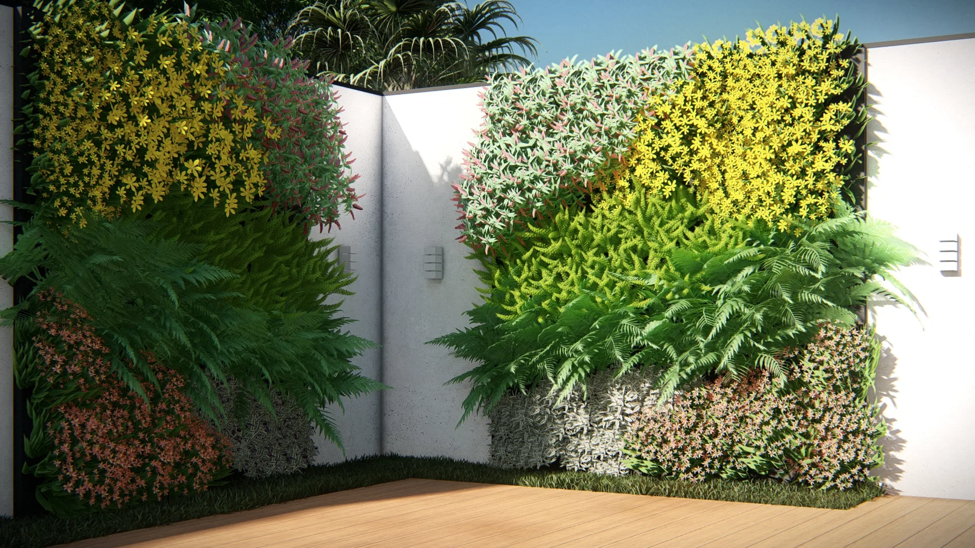 Detalhe da parede de jardim vertical com padrão de flores amarelas, brancas e rosa entre folhagens verdes em cantos de muro branco