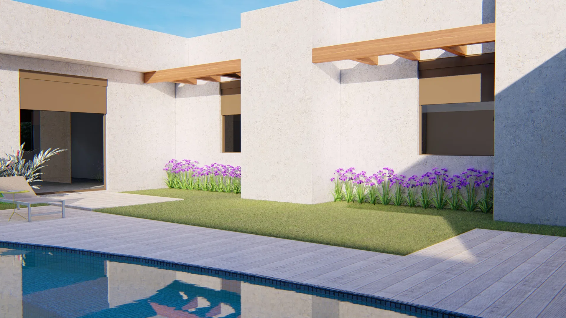 Recanto de lazer com volumes de reboco e vigas de pergolado, canteiro de flores arroxeadas em faixa de grama e deck de madeira à beira da piscina