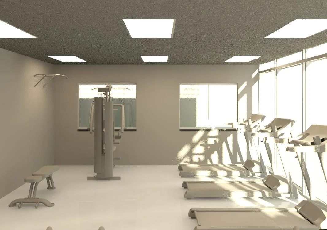 Sala de ginástica com esteiras alinhadas junto à parede de janelas, estação de musculação, banco reto e boa entrada de luz natural