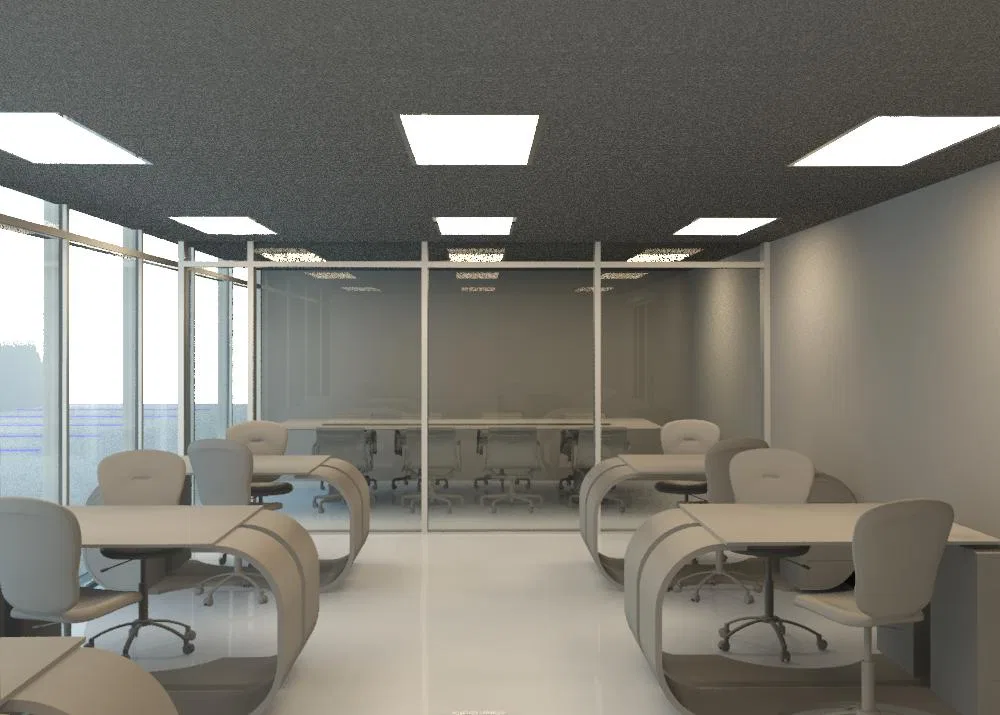 Escritório em open space com estações de trabalho e cadeiras de encosto curvo, sala de reunião envidraçada ao centro e janelas altas à esquerda