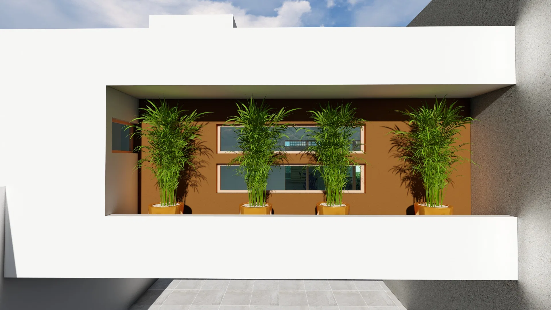 Nicho de parede em tom terracota com quatro jardineiras de fibra e palmeiras de bambu alinhadas junto a janelas