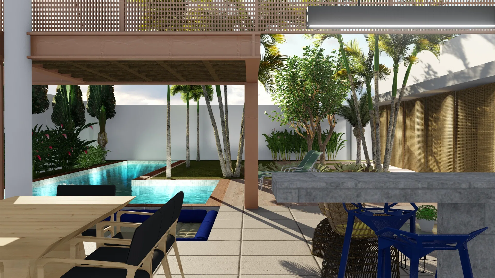 Área gourmet coberta por estrutura vazada, com mesa de jantar externa, cadeiras e piscina de raia ao lado