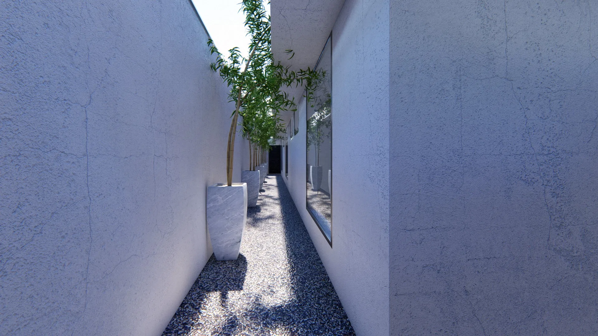 Corredor de seixos em perspectiva, com jardineiras cônicas de folhagens finas e esguias entre muros de textura clara