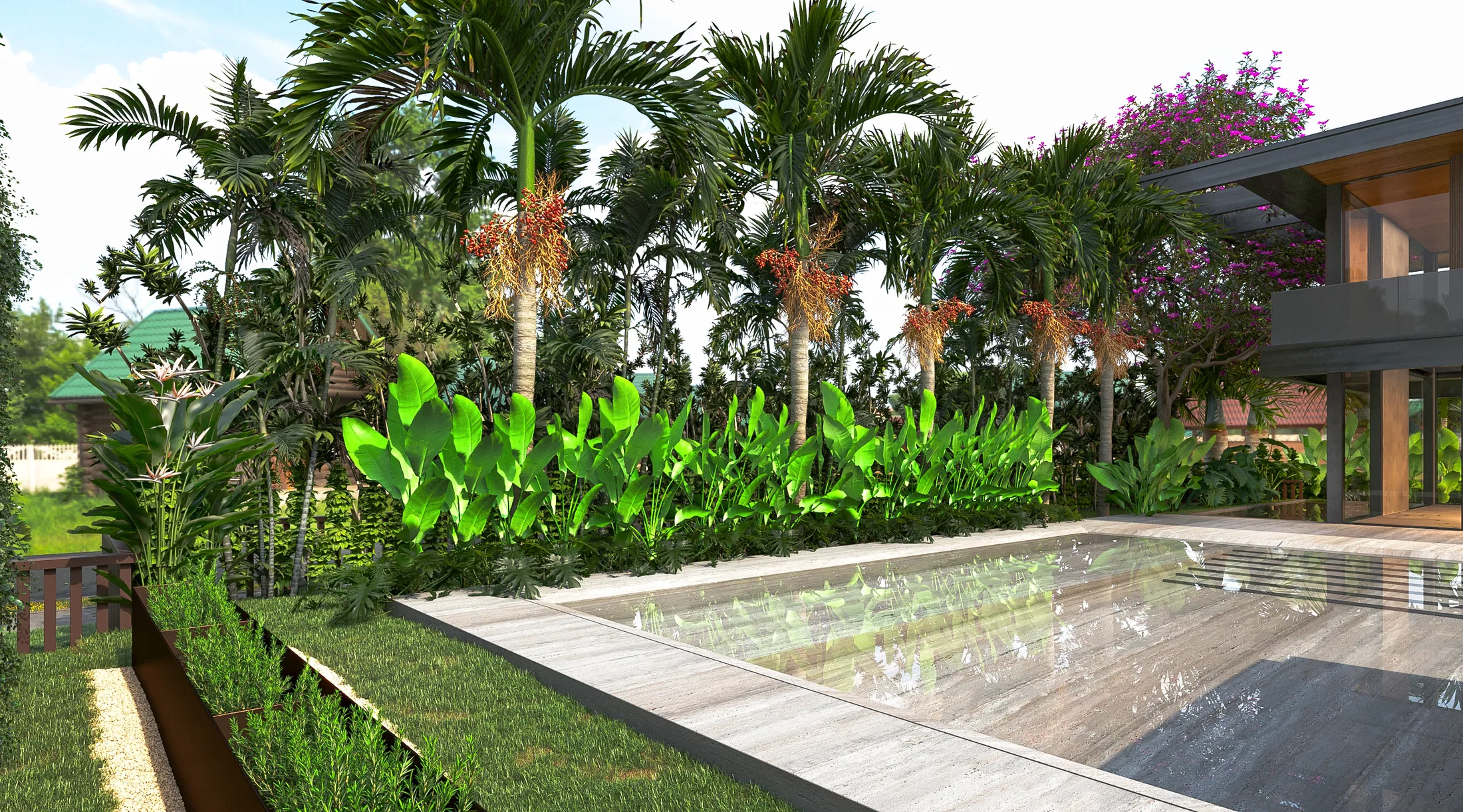 Borda da piscina com fileira de folhagens verdes, palmeiras de frutos alaranjados ao fundo e a casa de vidro e madeira à direita