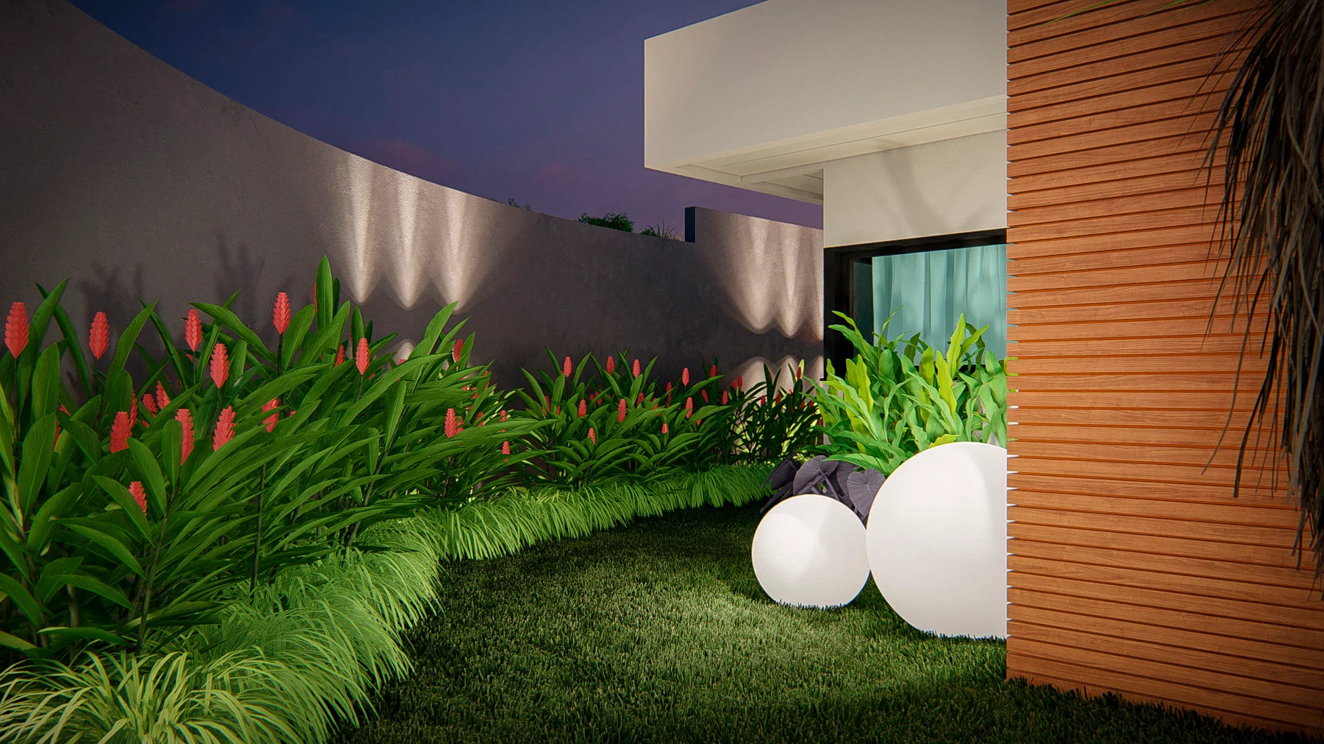 Canteiro de capim ornamental com flores vermelhas junto a muro curvo, gramado e esferas luminosas brancas ao pé de parede ripada
