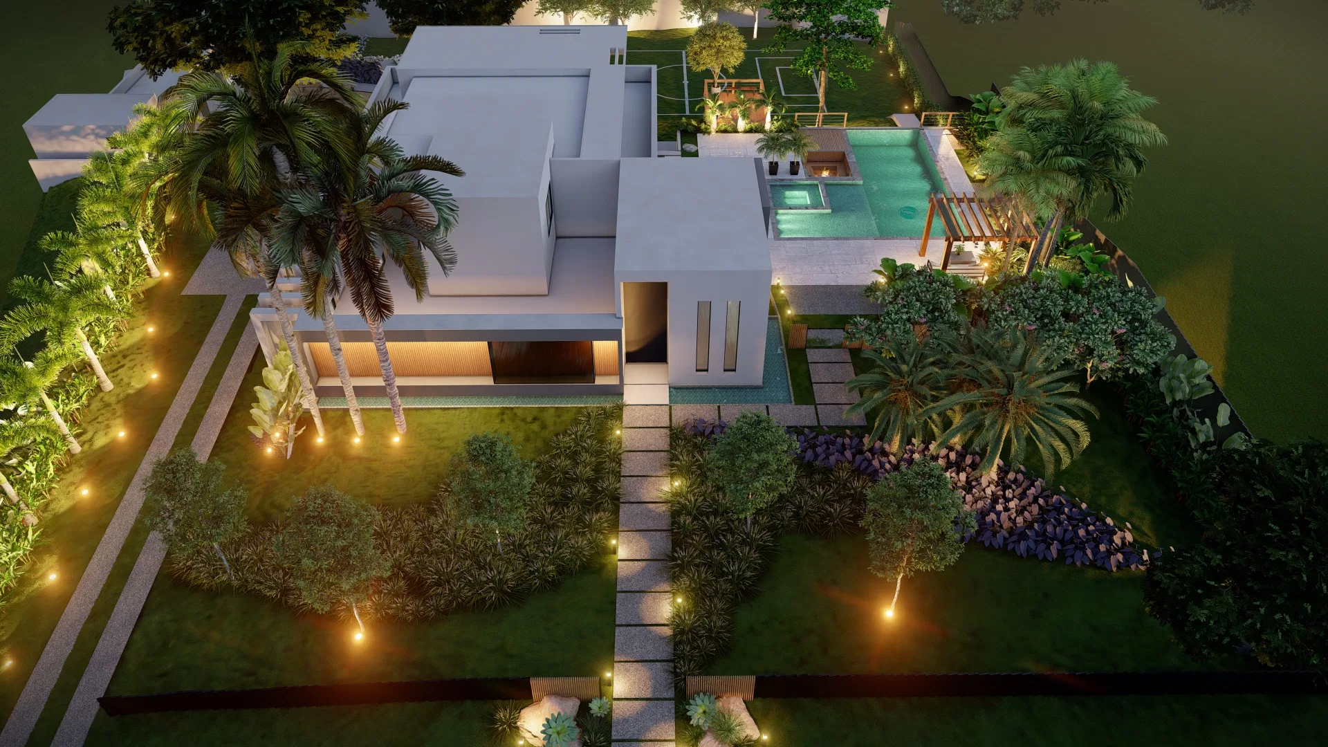 Vista aérea noturna da casa com piscina, pergolado e caminhos de jardim iluminados por pontos de luz ao longo do perímetro
