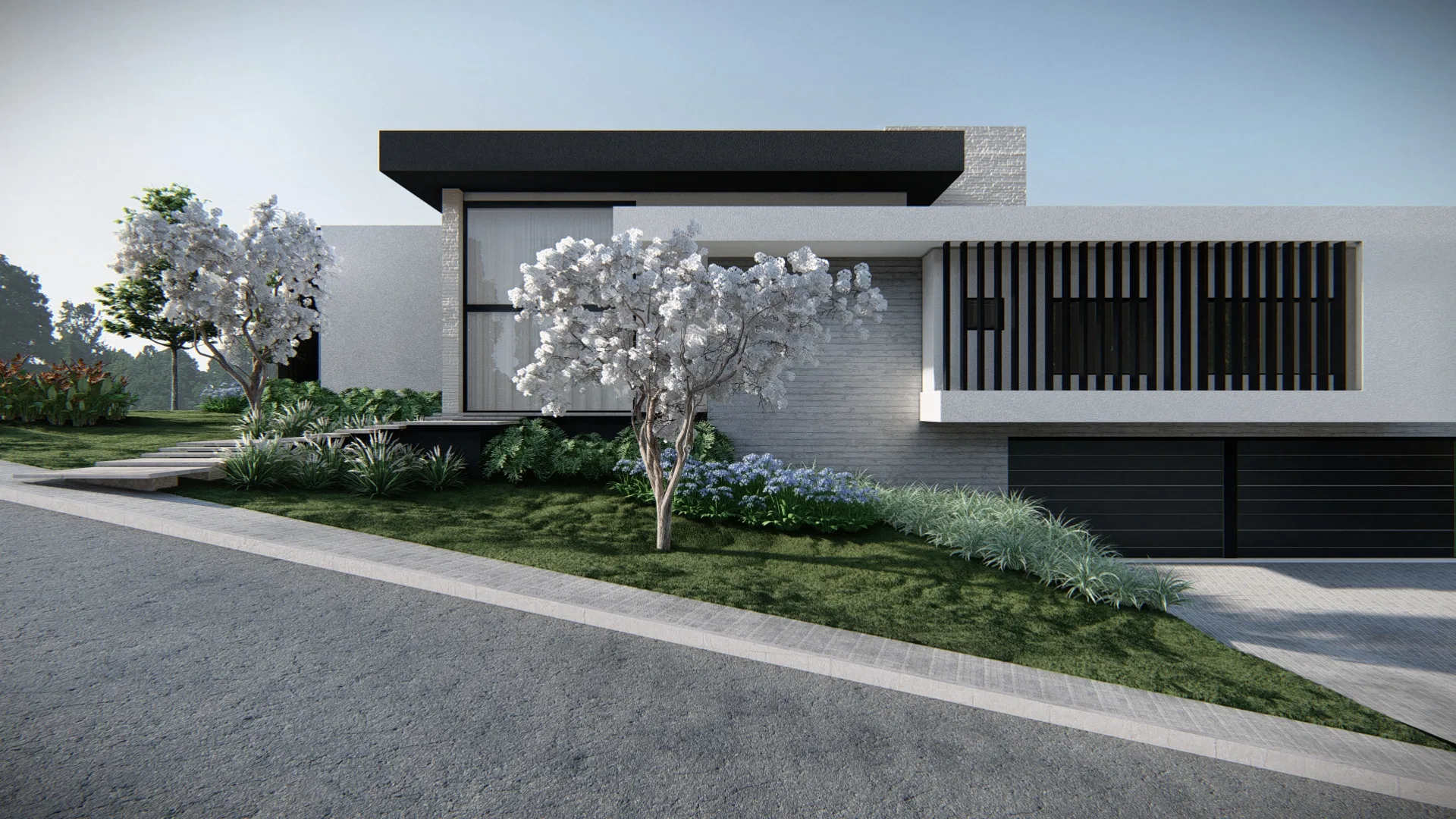 Fachada minimalista em volumes brancos e ripado escuro, com árvores de flores brancas, agapantos e gramíneas no jardim inclinado.