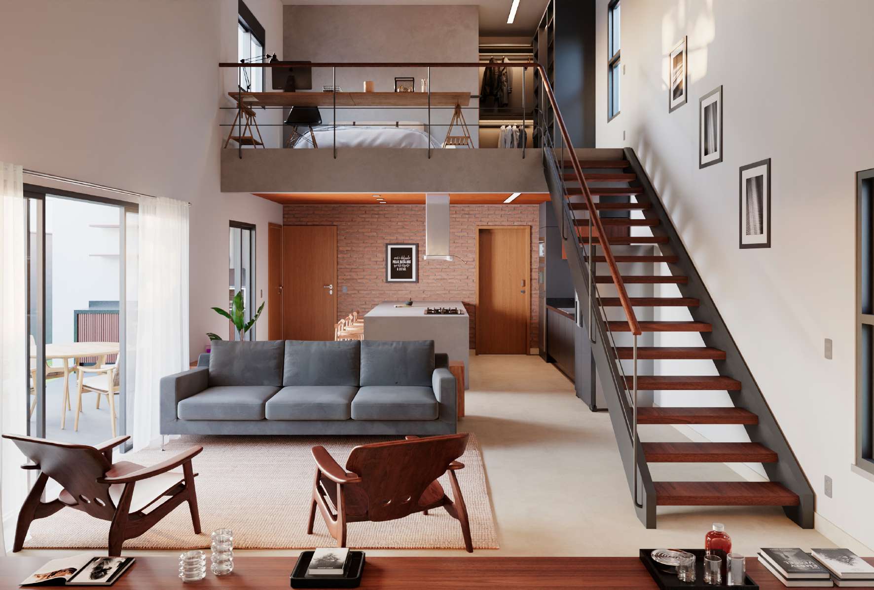 Ambiente interno mobiliado, referência de planta humanizada — GRON 3D